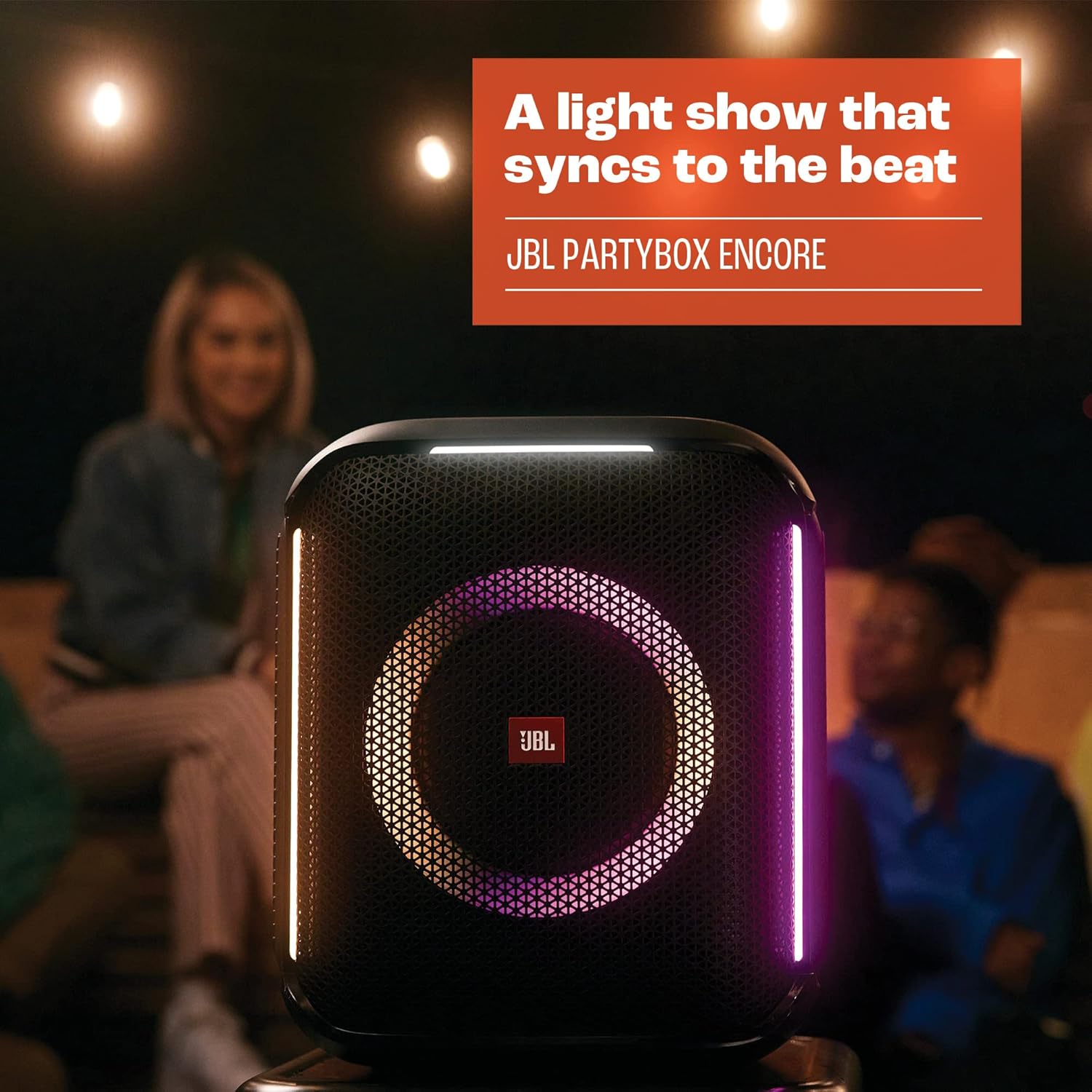 Portable Bluetooth speaker with circular LED ring and vertical light bar effects