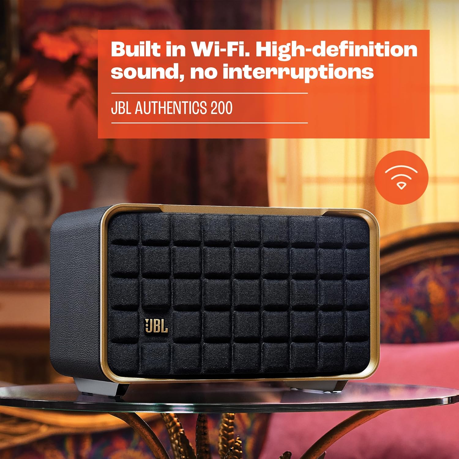 JBL retro smart speaker with textured black grille and gold-trim edge frame