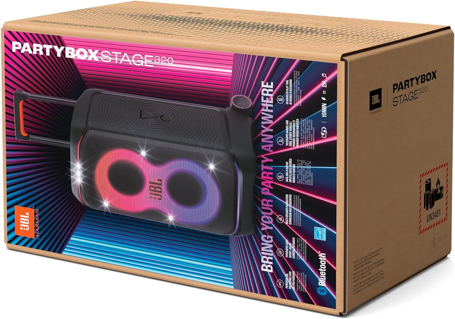 JBL PartyBox Stage 320 speaker box featuring multicolor light graphic