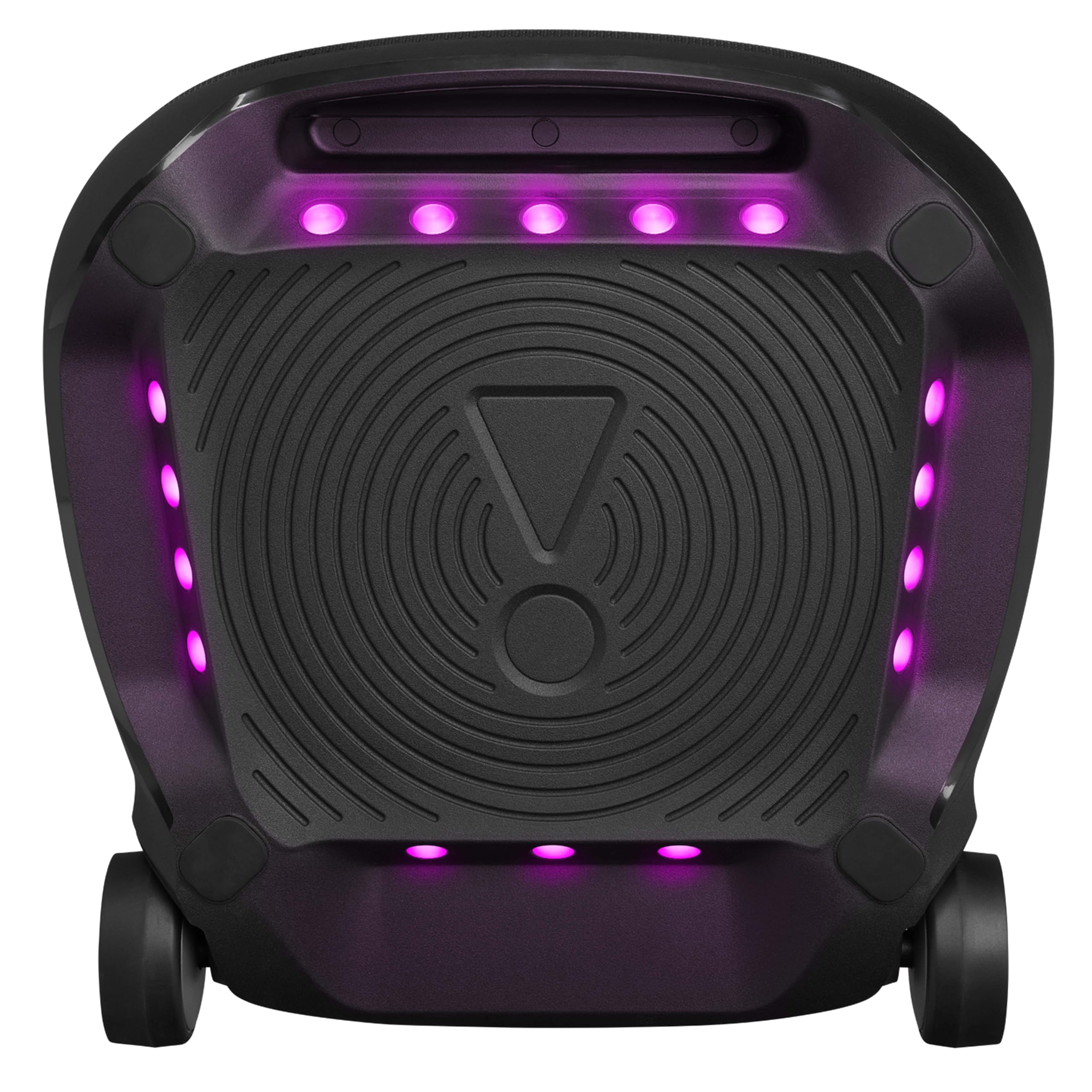 Portable Bluetooth speaker front with purple LED light bar and glowing grille