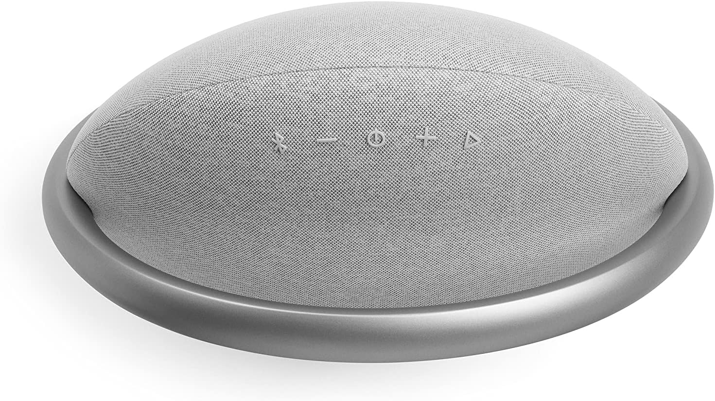 Portable Bluetooth speaker by Harman Kardon, light gray top with touch control icons