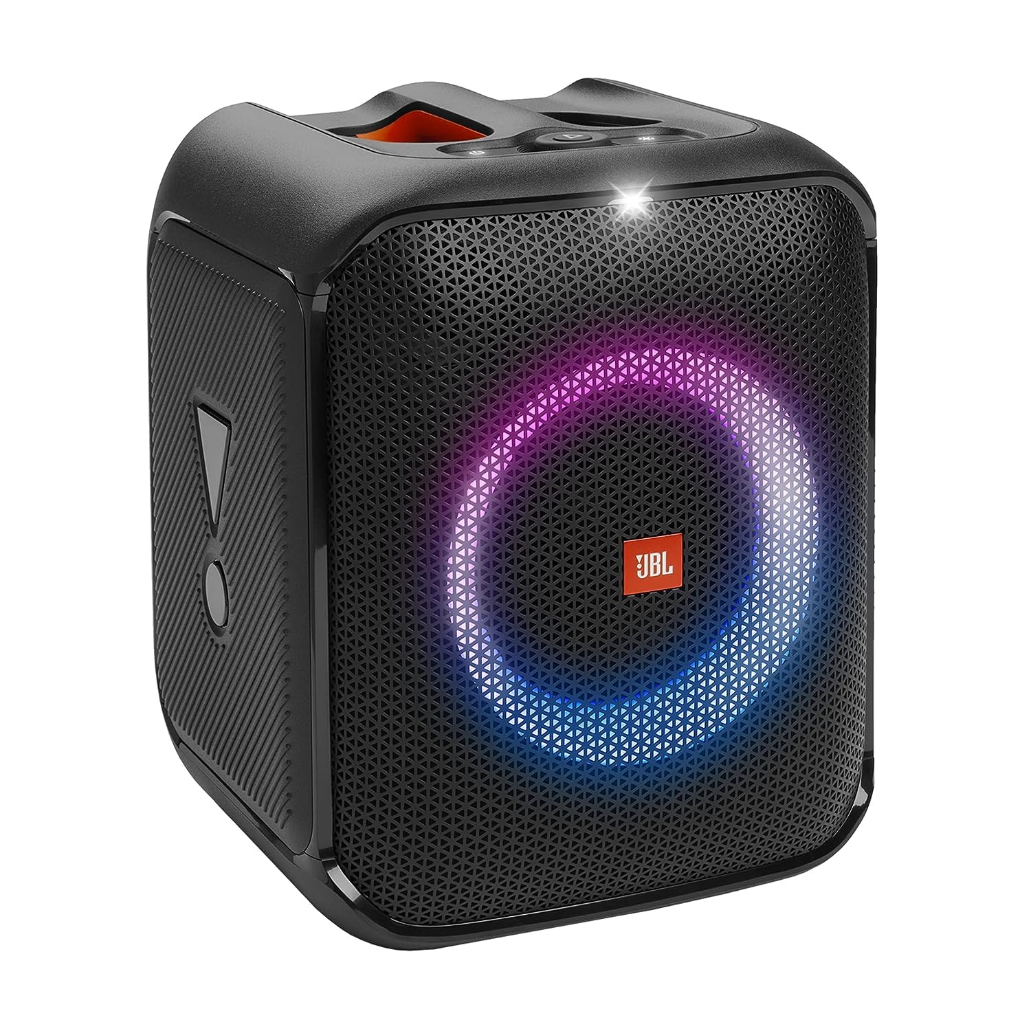 Black portable Bluetooth speaker with JBL logo and purple-blue LED ring on front