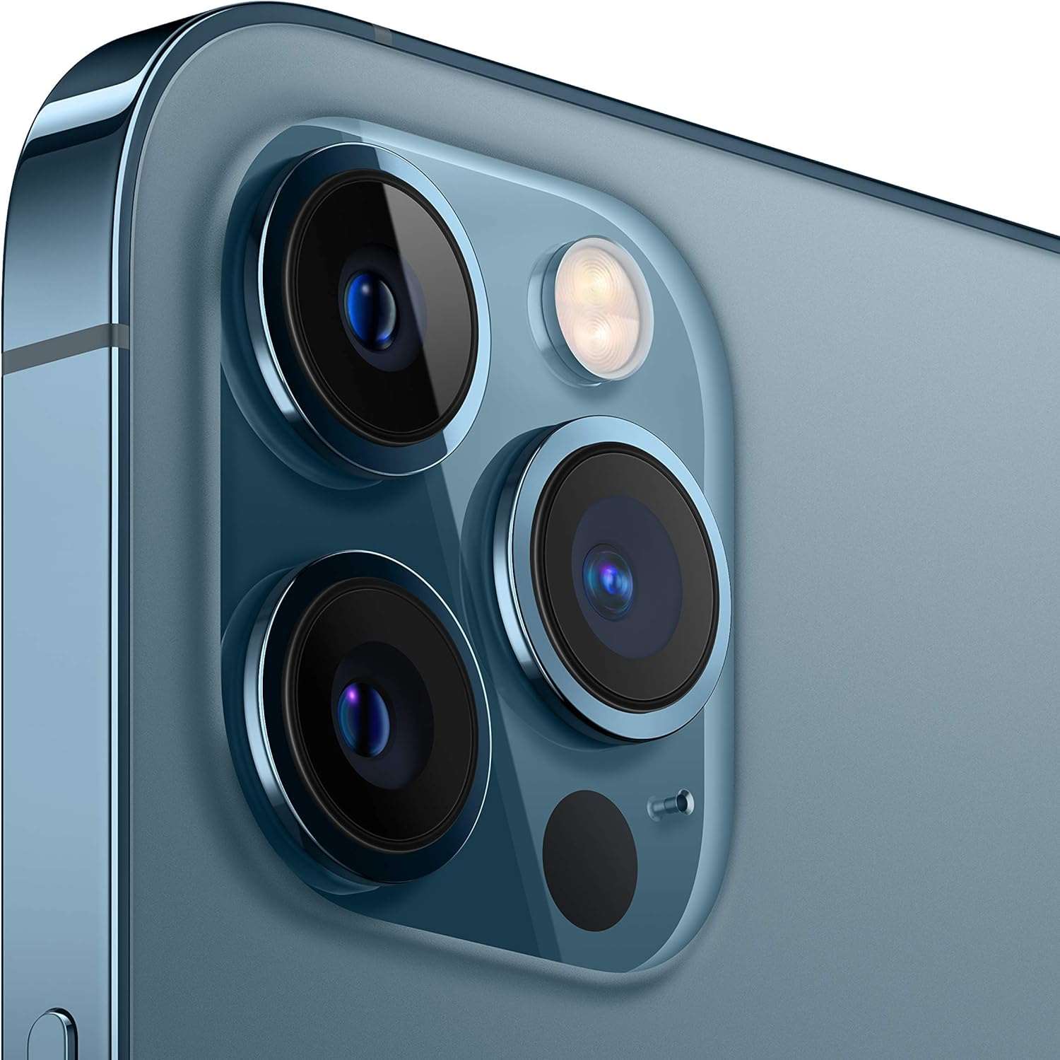 iPhone 12 Pro Max blue back close-up with triple camera lenses and sensor visible