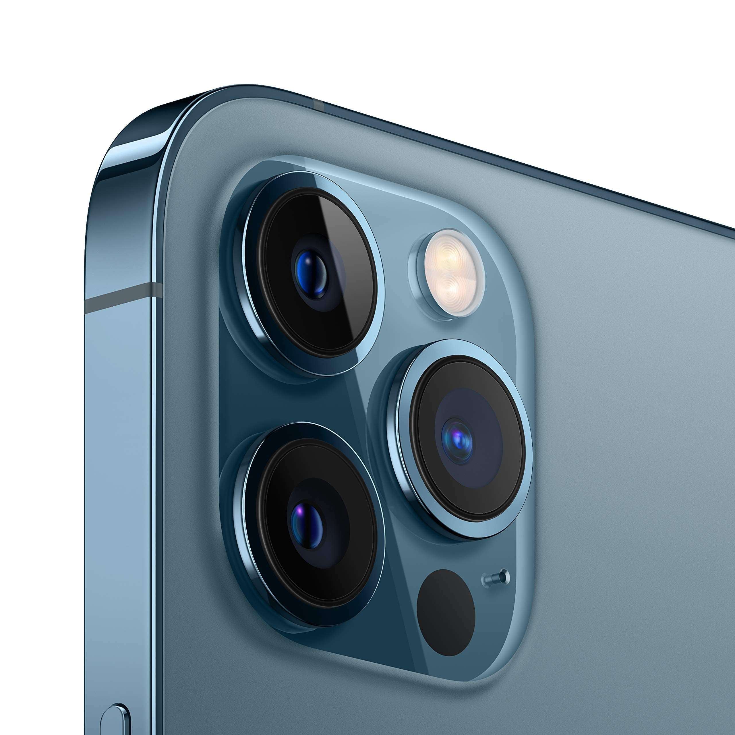 iPhone 12 Pro Max blue back close-up with triple camera lenses and flash visible