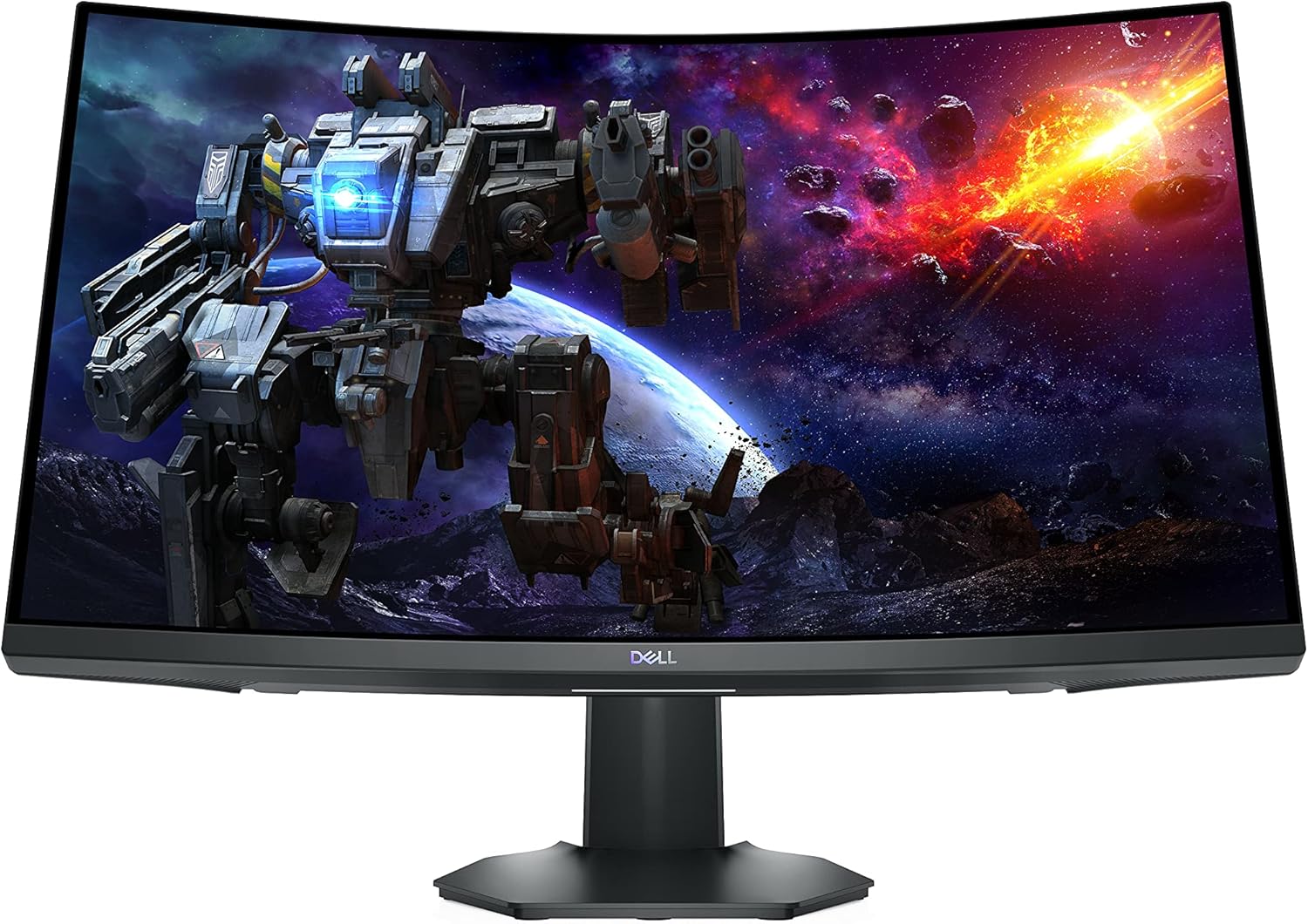 Black curved gaming monitor front view with stand, showing sci-fi mech game artwork