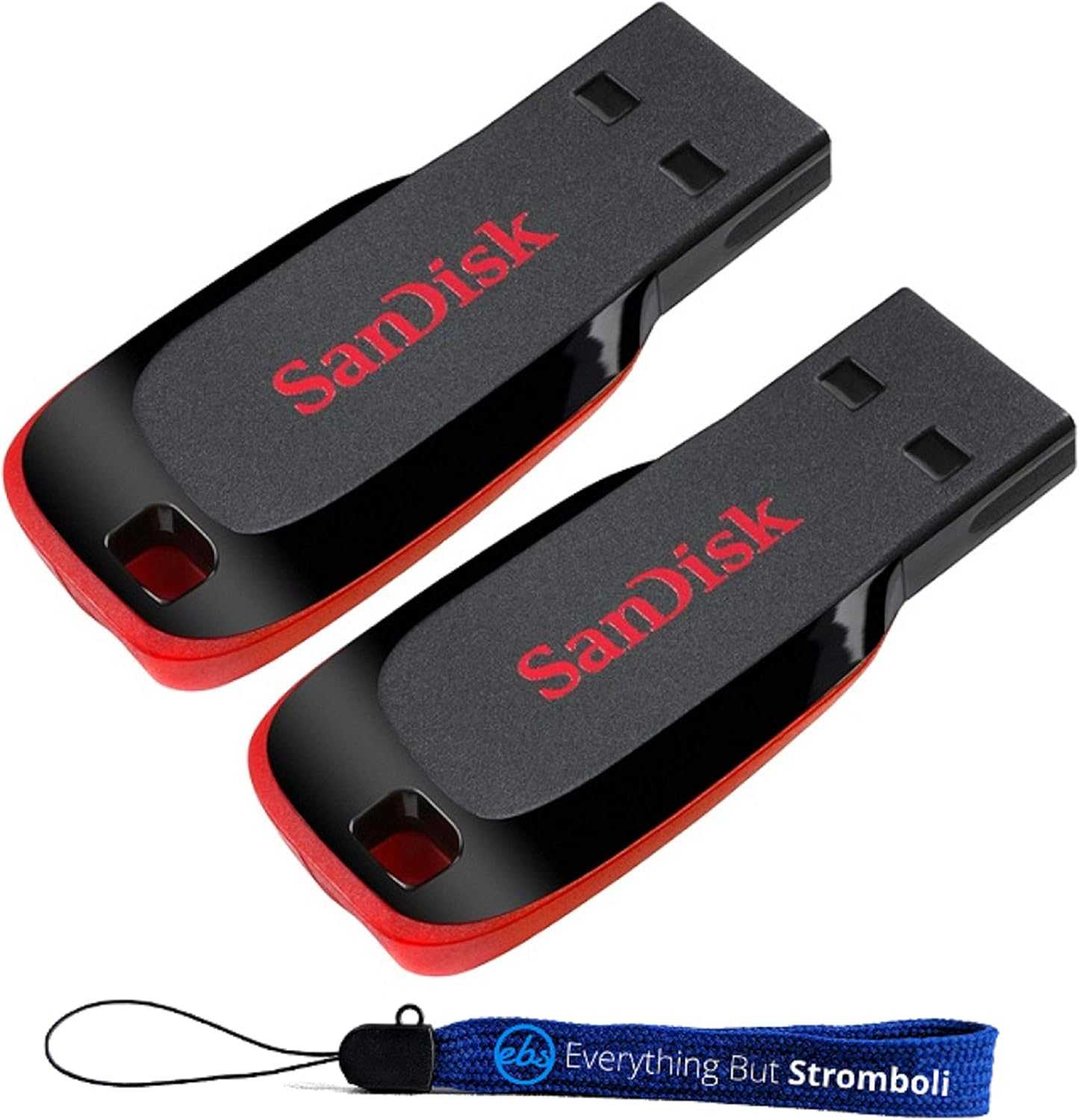 Two SanDisk USB flash drives with black bodies and red trim, logos visible