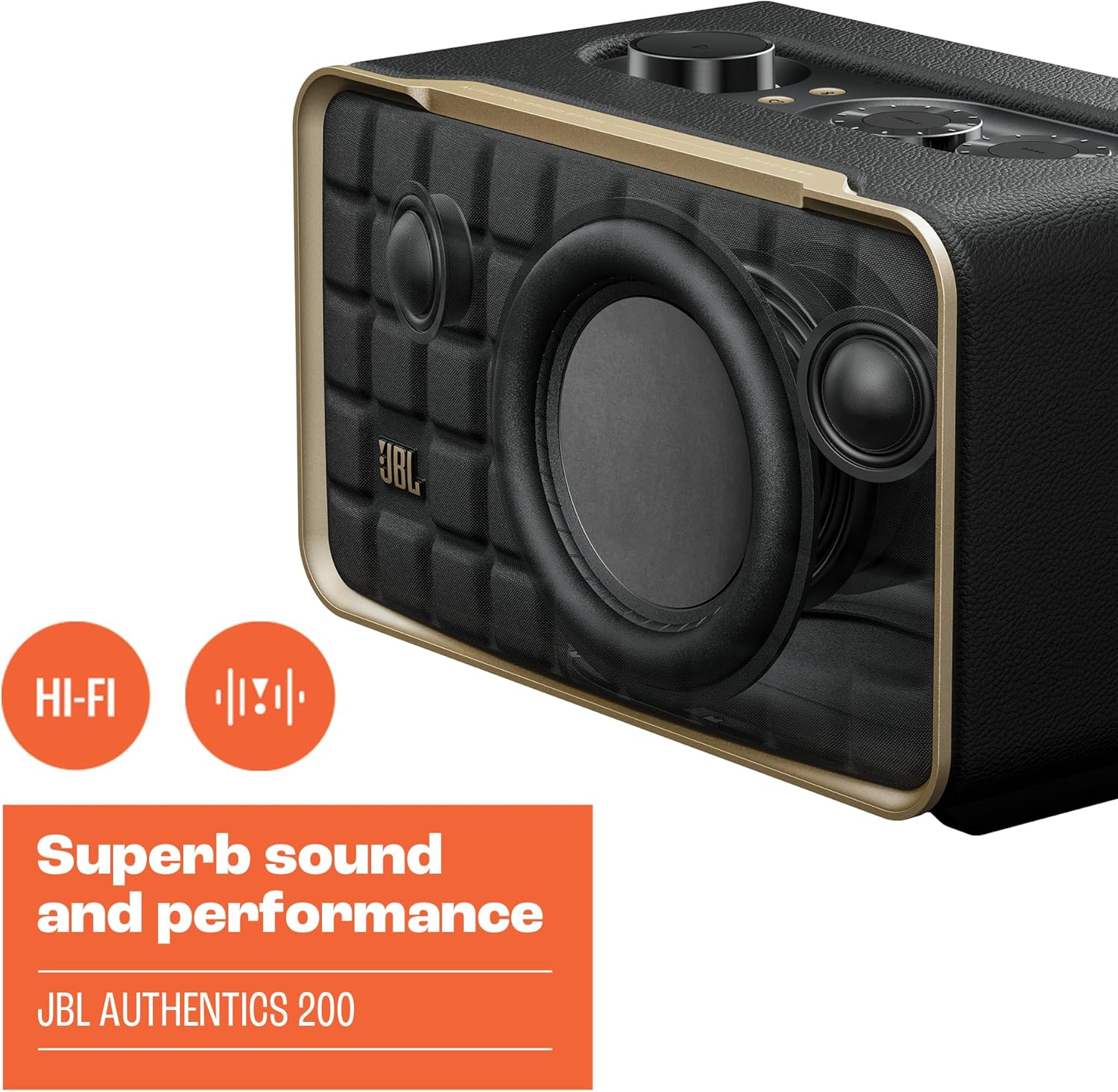 JBL retro smart speaker front with large center driver and two circular tweeters