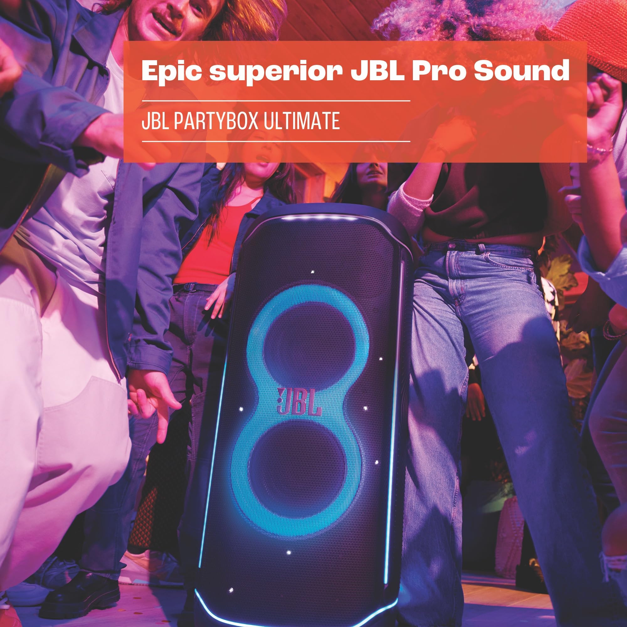 Portable Bluetooth speaker with blue LED rings and JBL logo on front