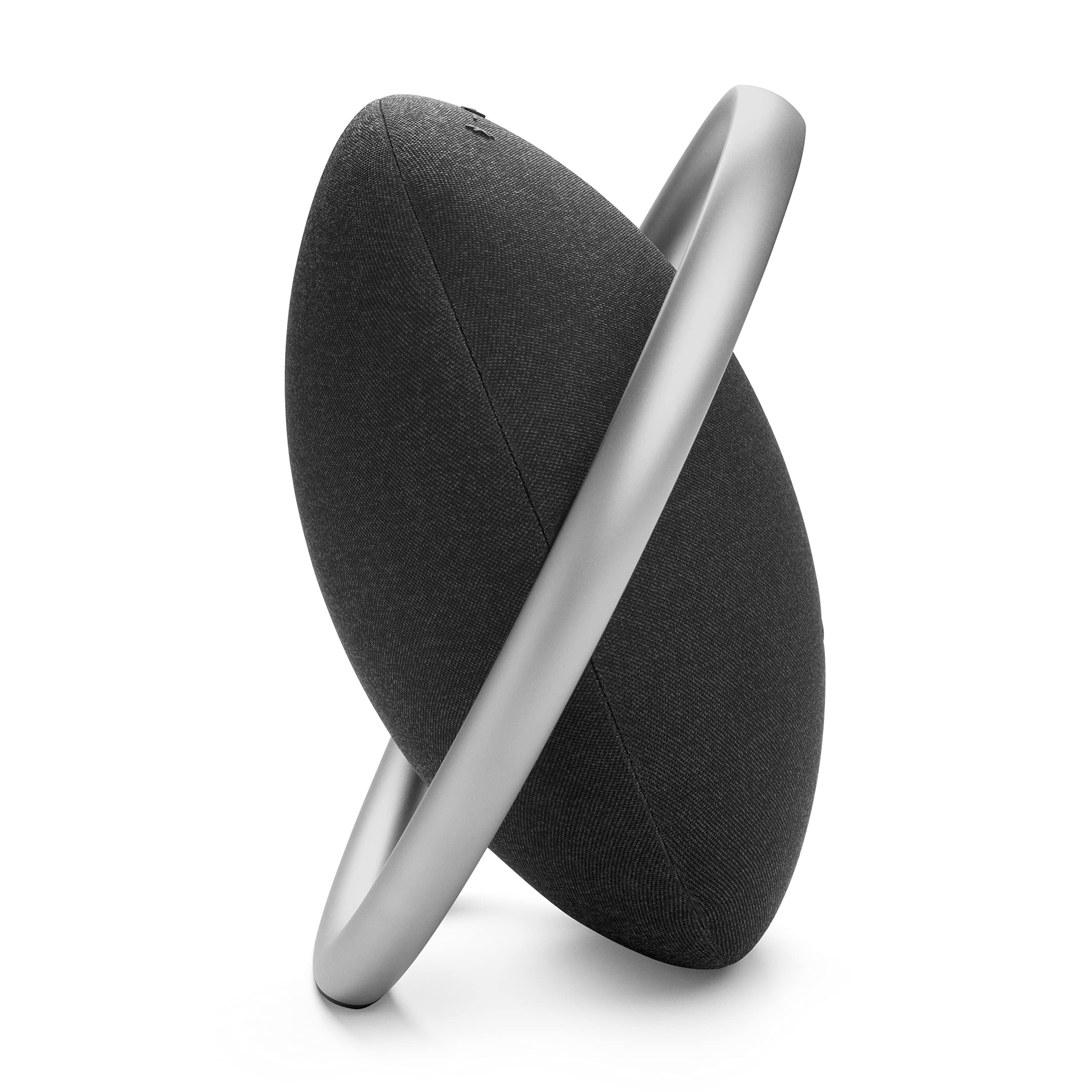 Black portable Bluetooth speaker with fabric body and silver ring, angled view.
