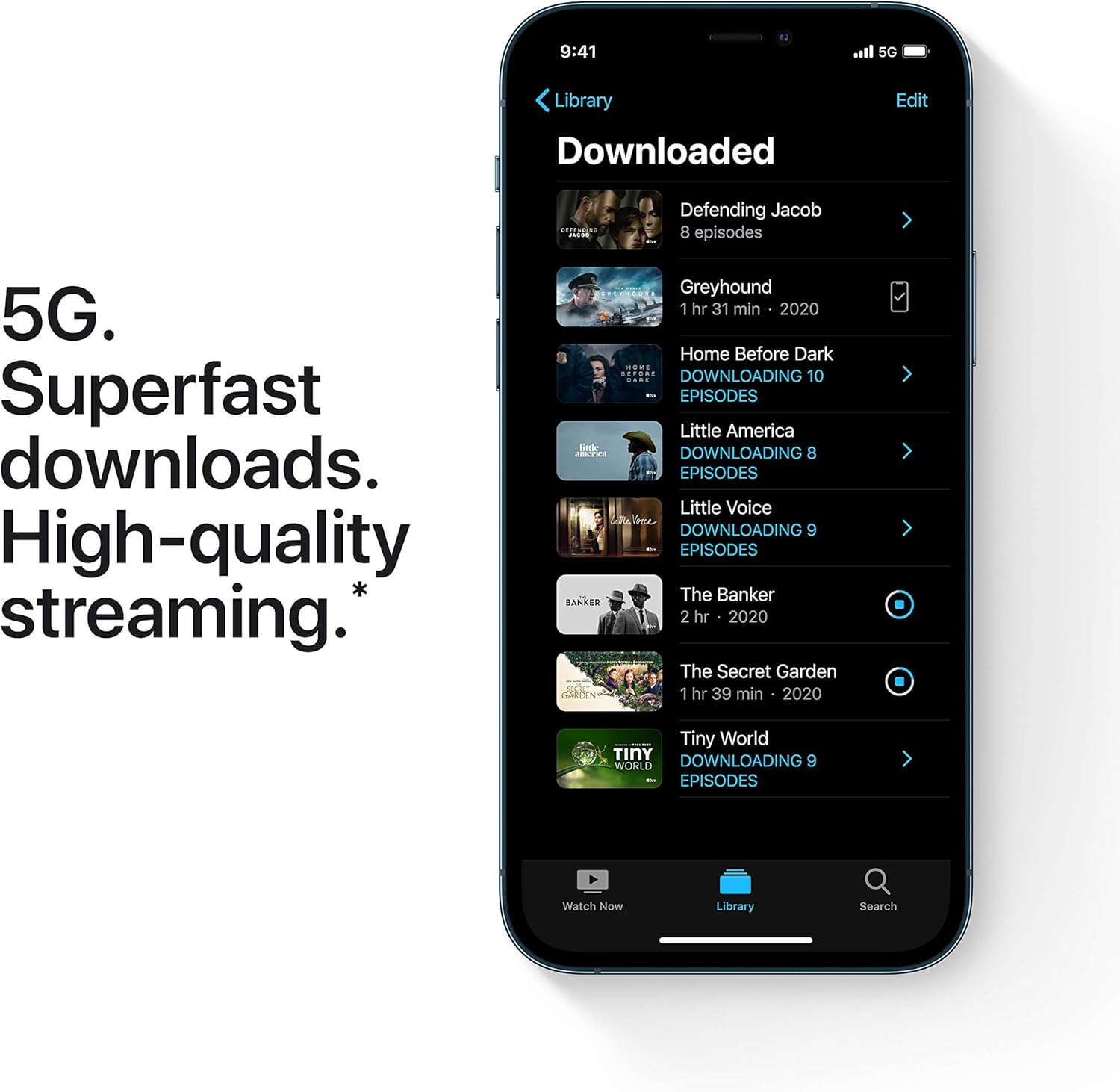 iPhone 12 Pro Max smartphone showing a media library interface on the display