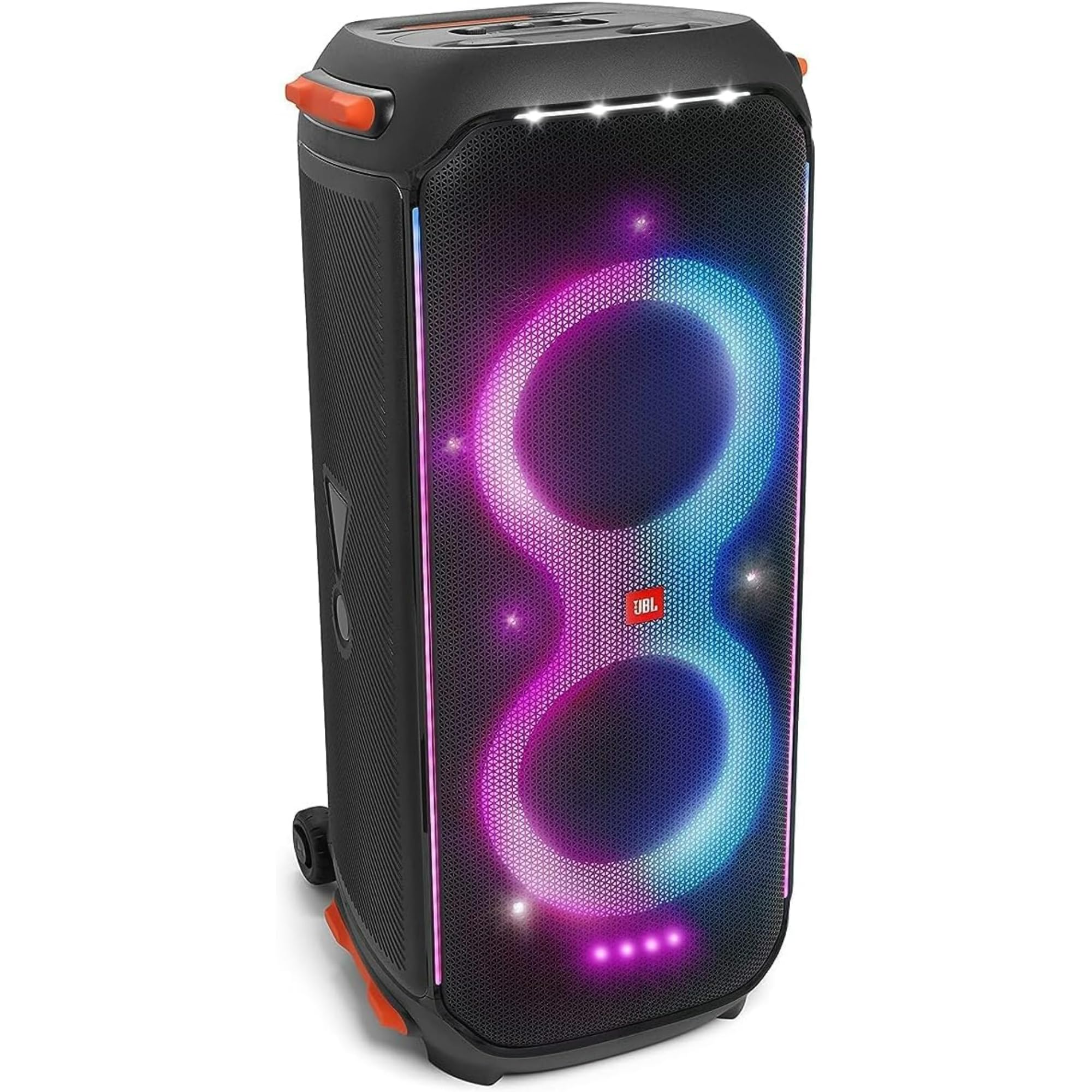 JBL PartyBox portable Bluetooth speaker with glowing dual purple light rings