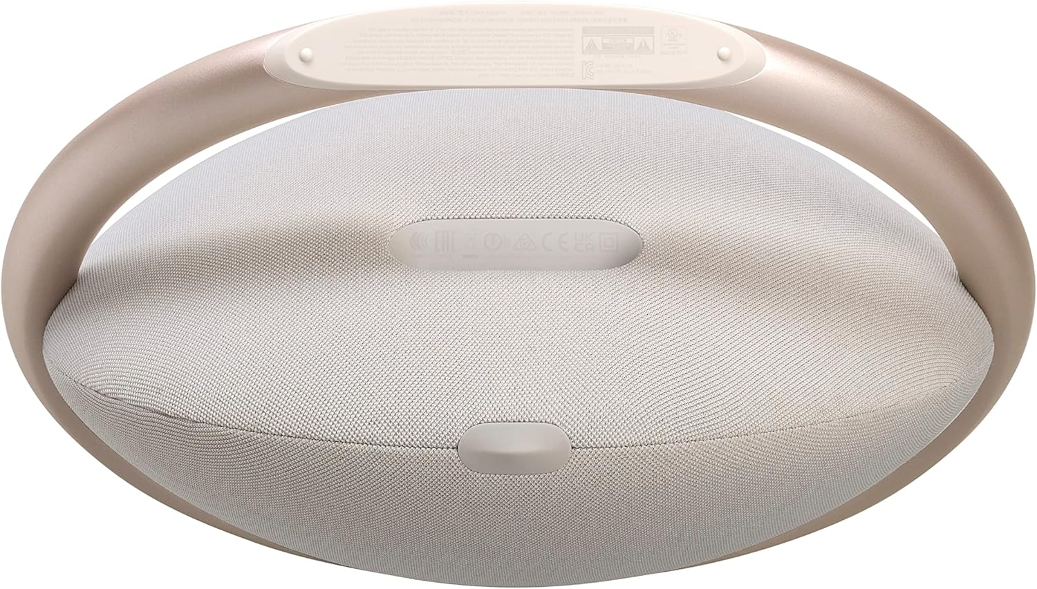 Portable Bluetooth speaker in light champagne fabric, side view with top control panel