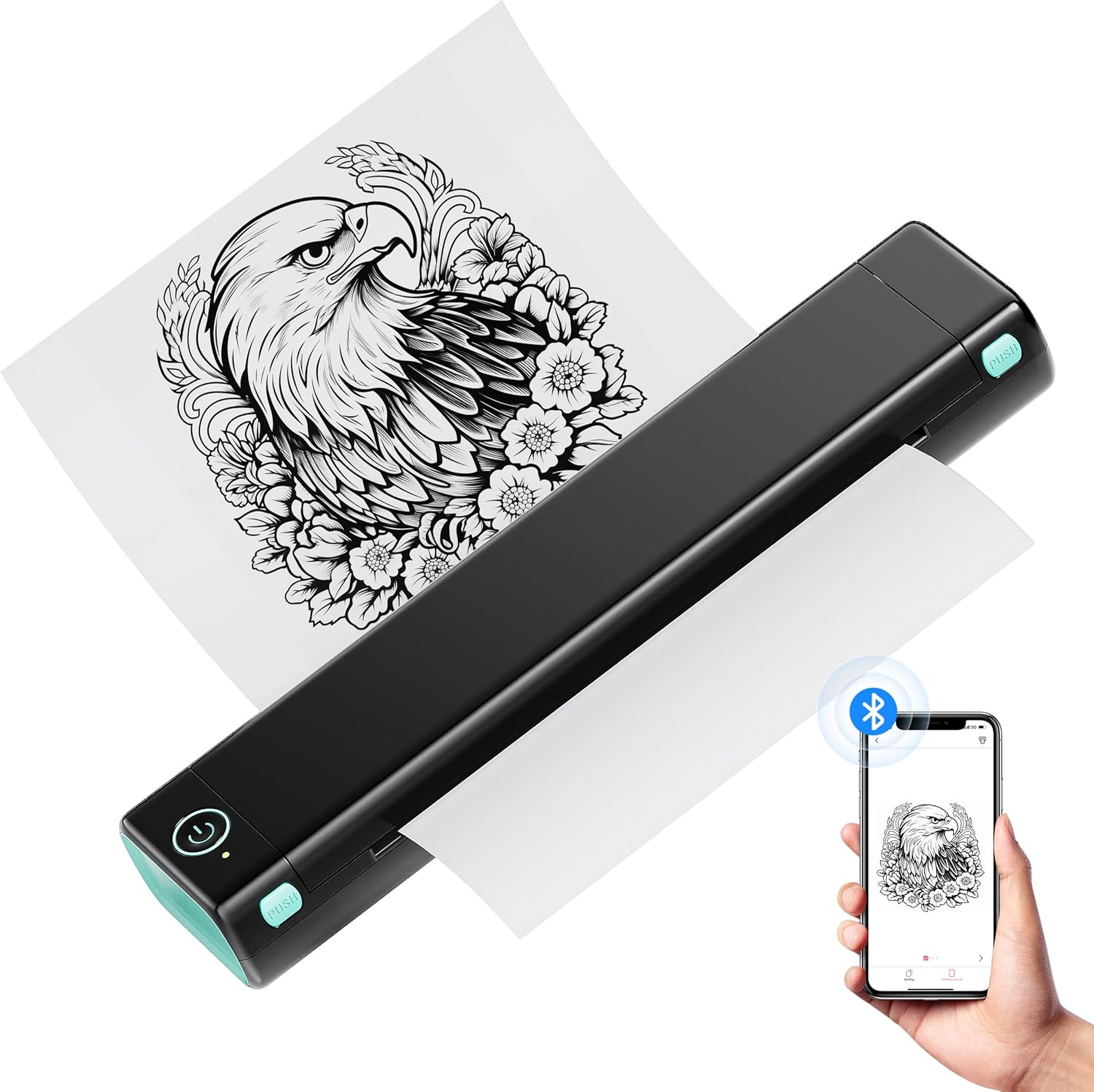 Black inkless thermal A4 printer with printed photo and smartphone connection