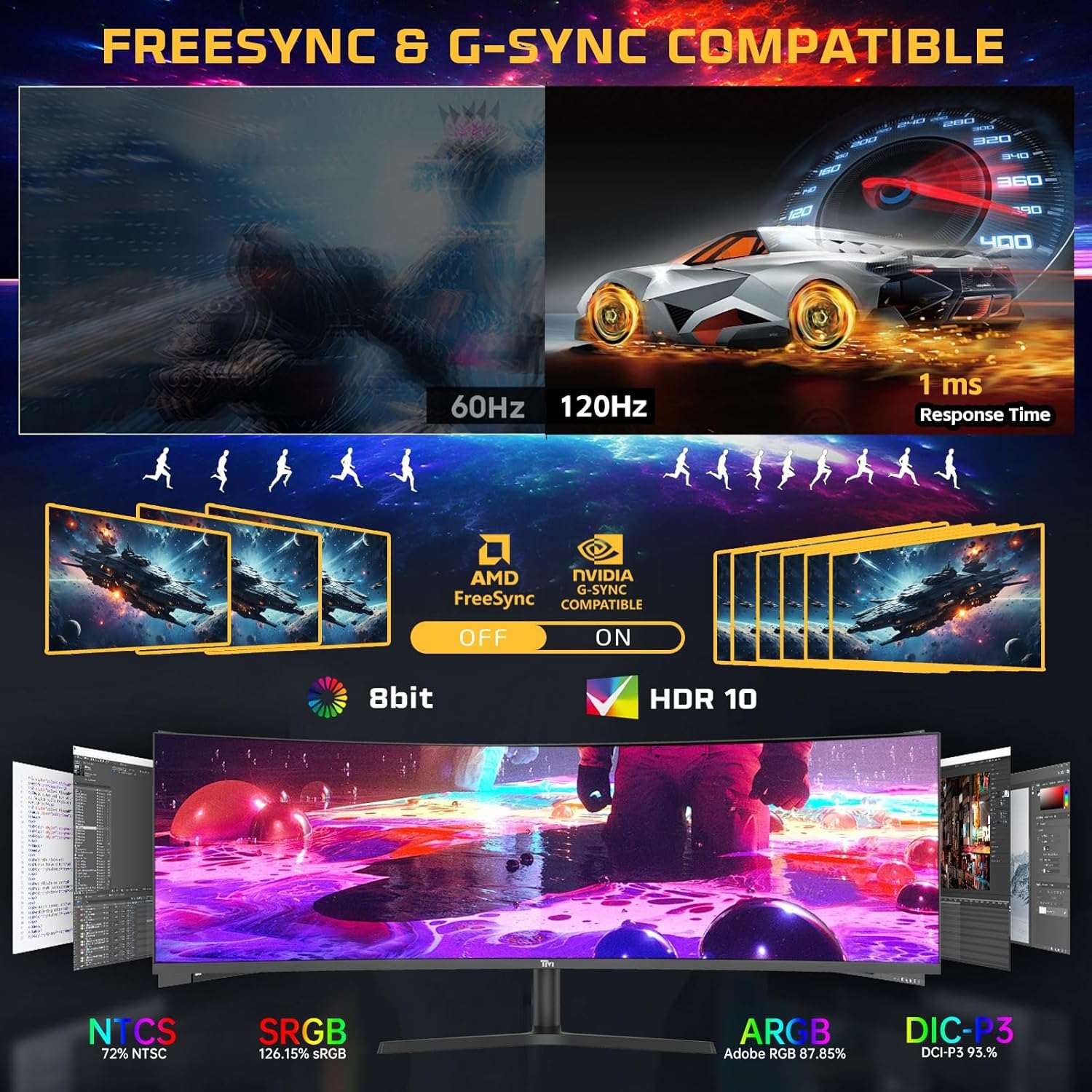 Curved gaming monitor with fast refresh display and gaming compatibility features