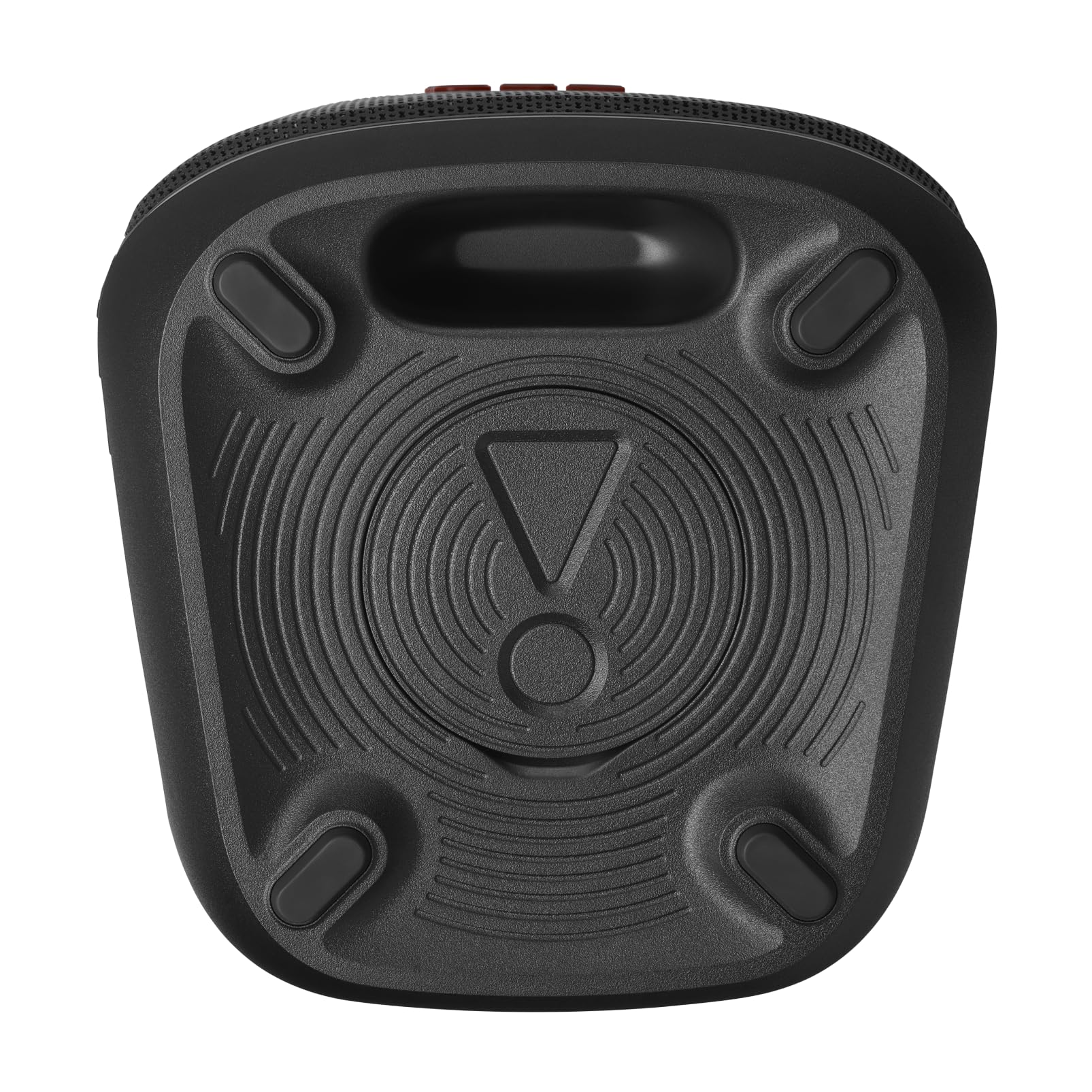 Portable Bluetooth speaker rear base, black with molded grille pattern and carry feet