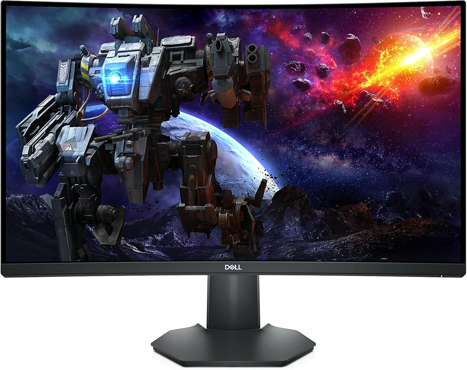 Black curved gaming monitor with T-shaped stand, showing space-mech game artwork