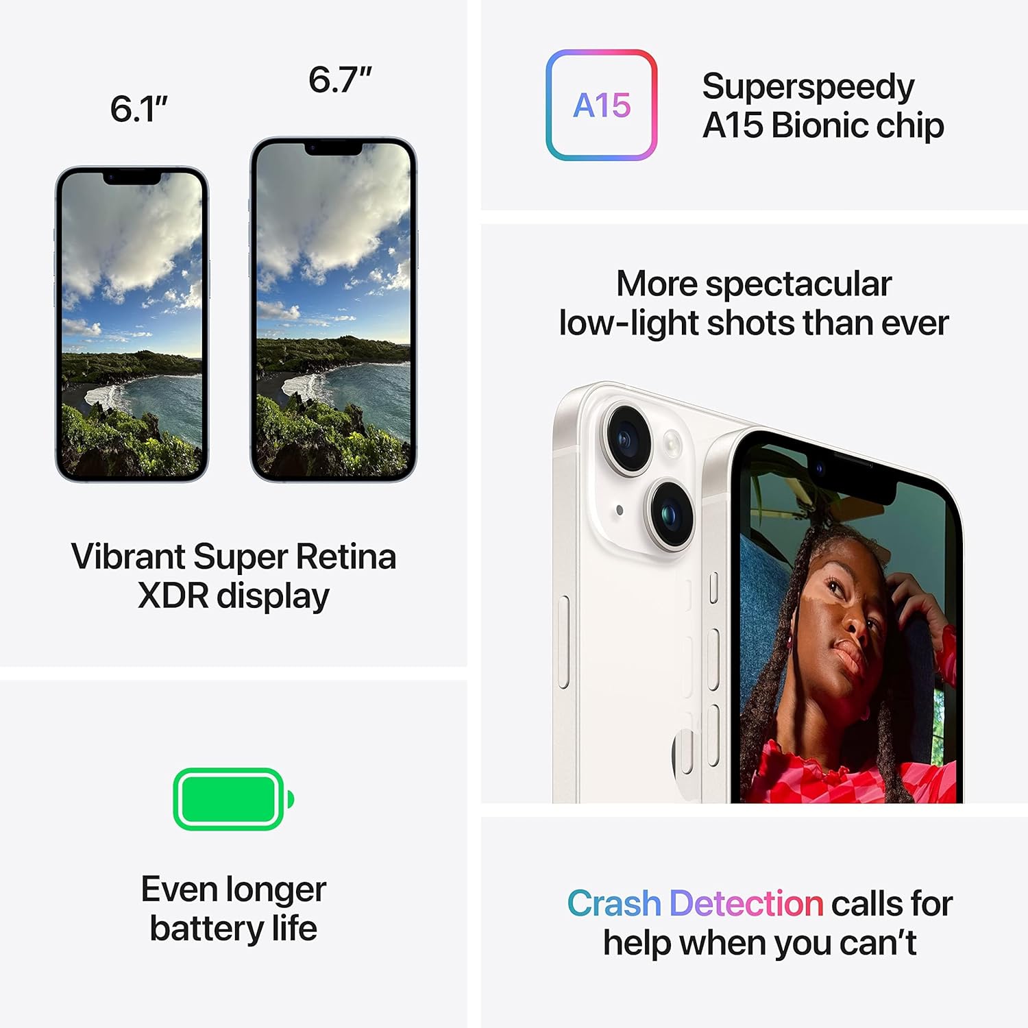 Smartphone marketing card with display and rear camera photo, brand-style infographic layout