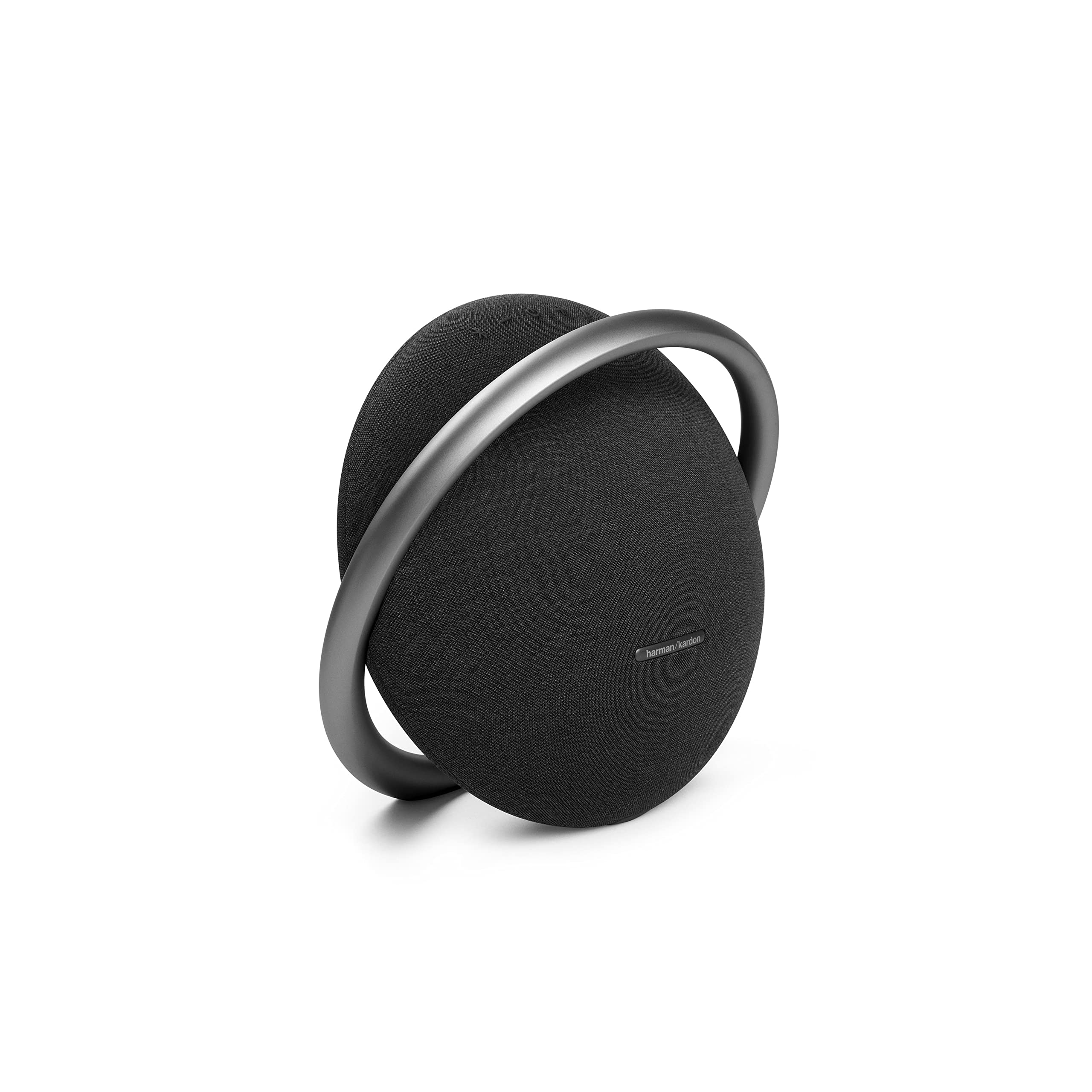 Portable Bluetooth speaker with black fabric grille and silver ring handle