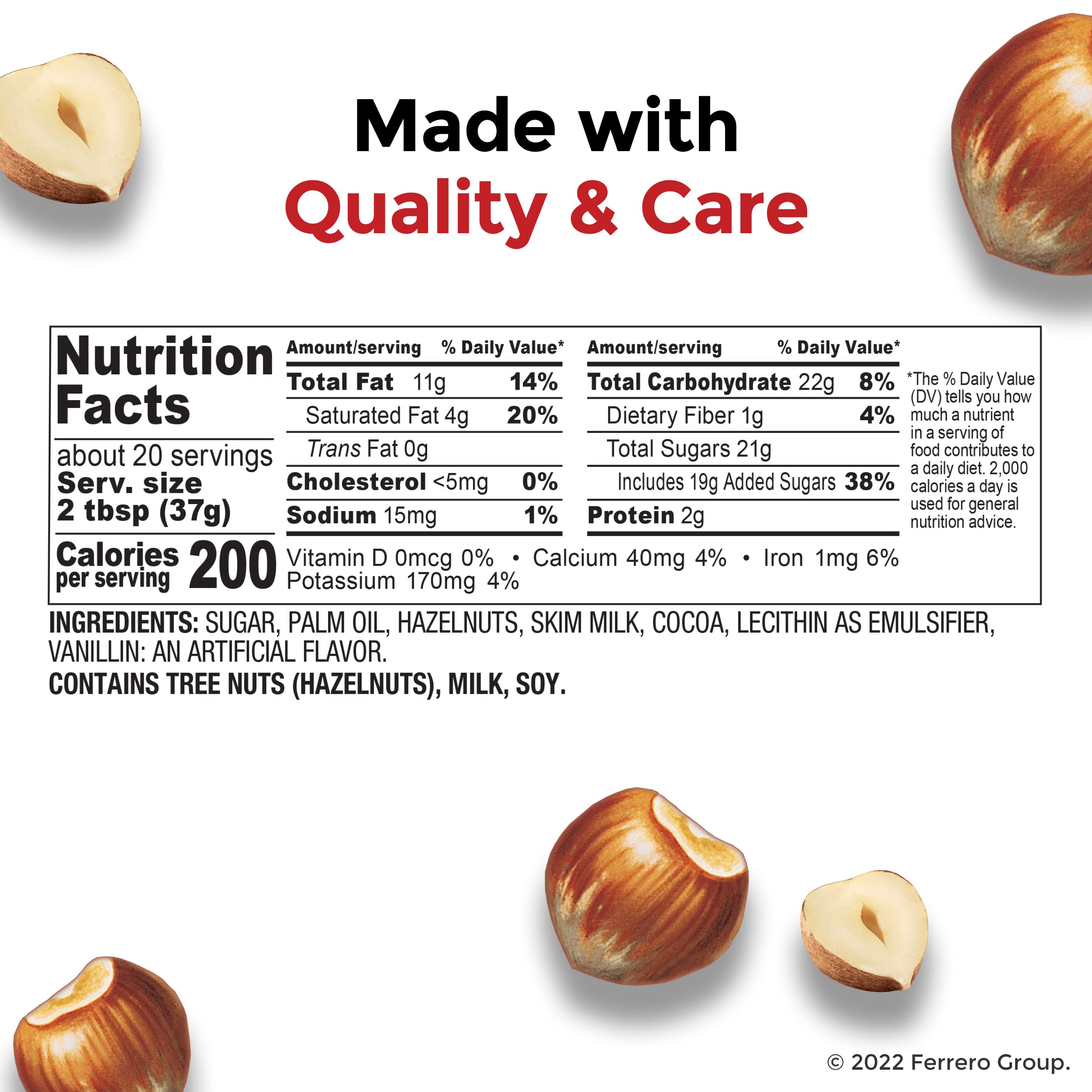 Nutella jar nutrition facts and ingredients panel with hazelnut illustrations