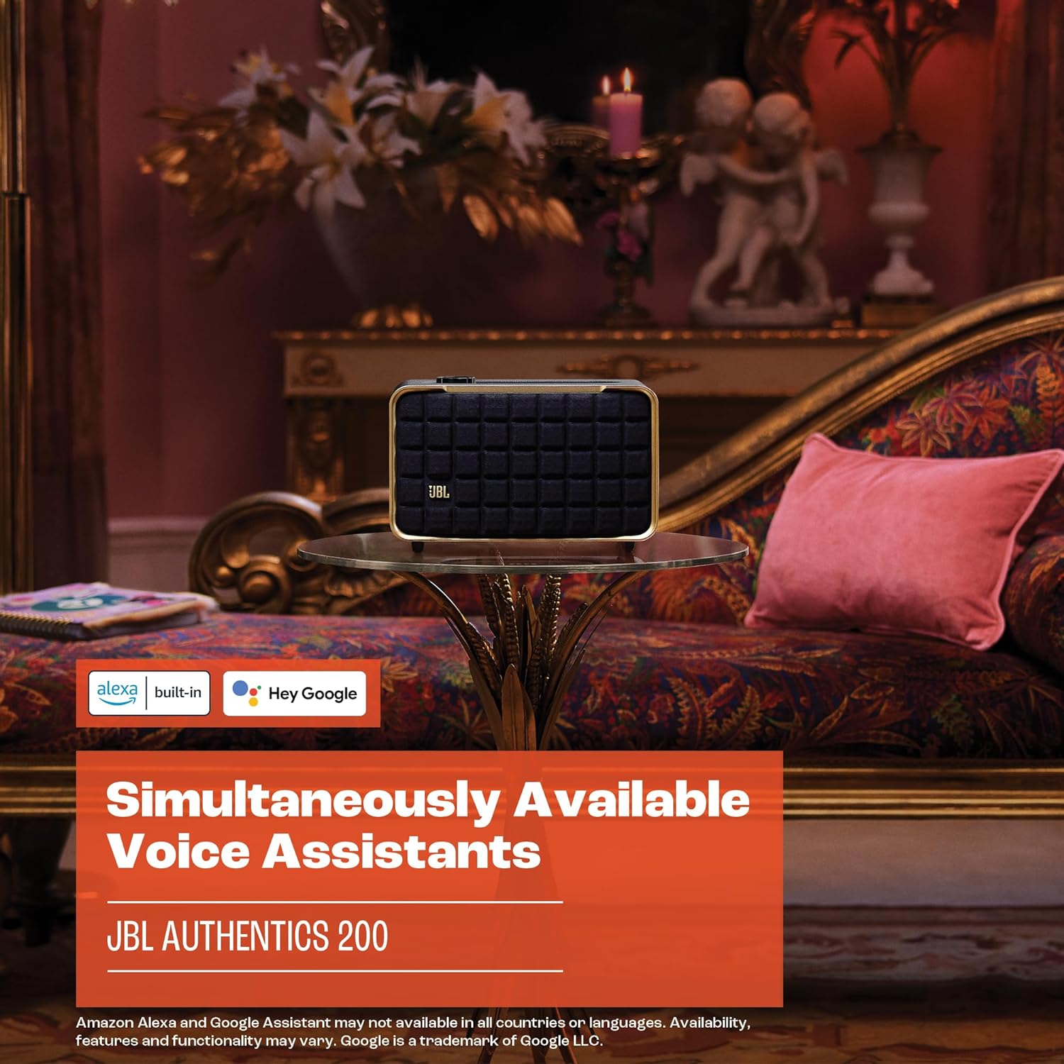 JBL retro smart speaker with black textured grille and gold-trim body frame