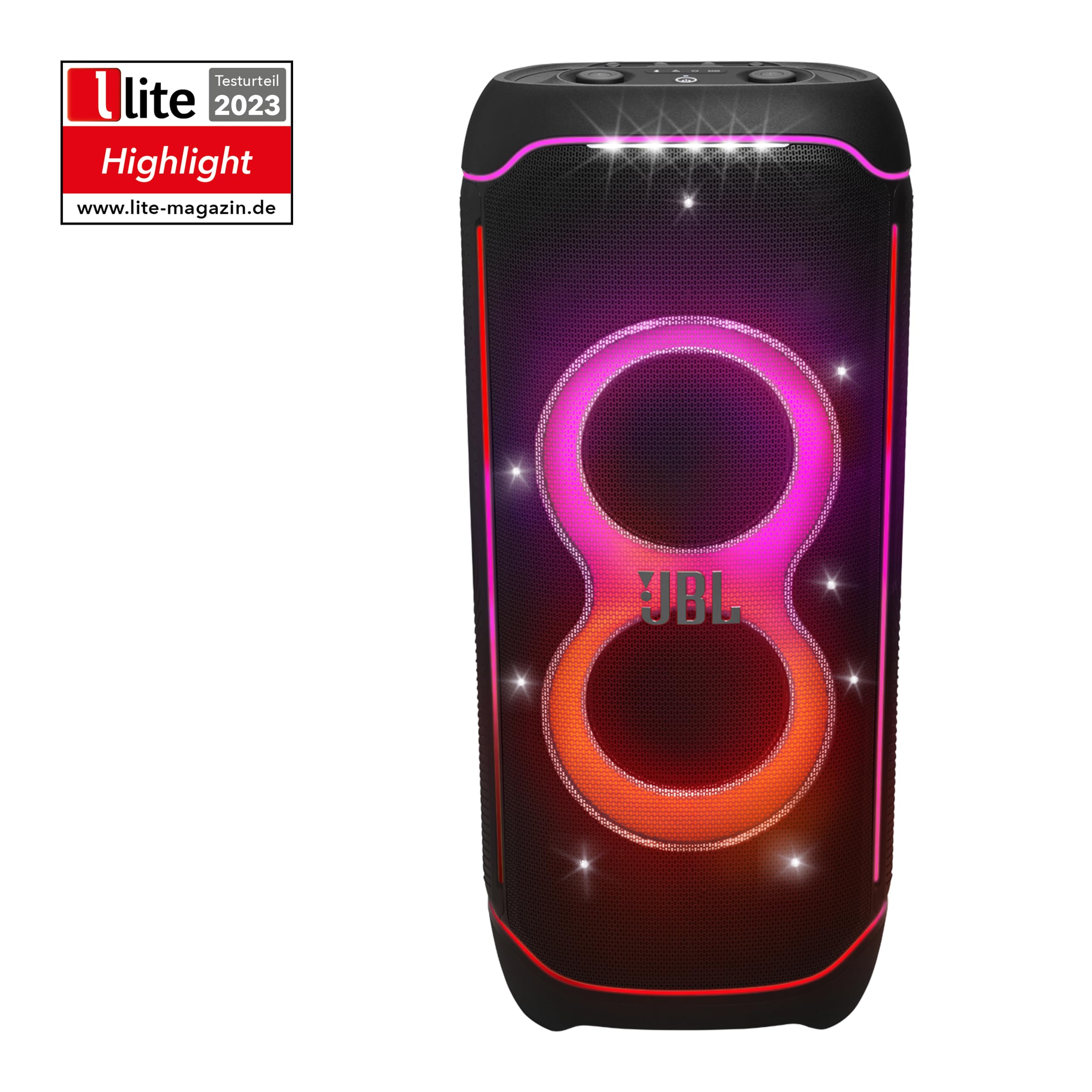 JBL portable Bluetooth speaker with purple and orange LED rings