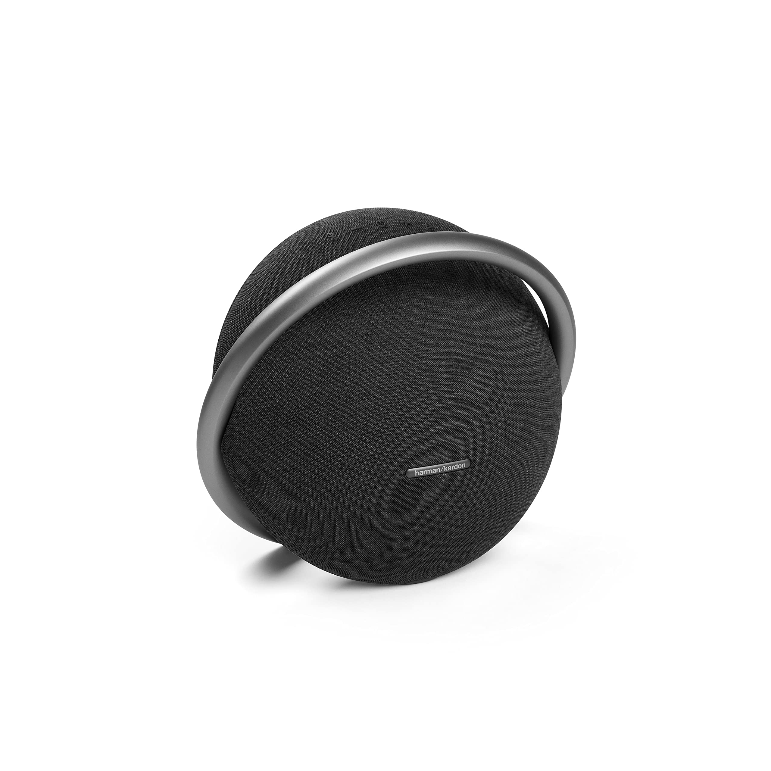Portable Bluetooth speaker with black fabric grille and silver ring handle