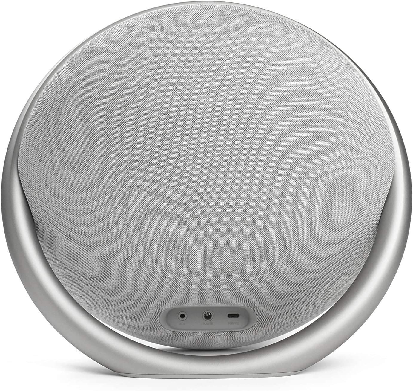 Portable Bluetooth speaker by Harman Kardon, light gray front grille with charging ports