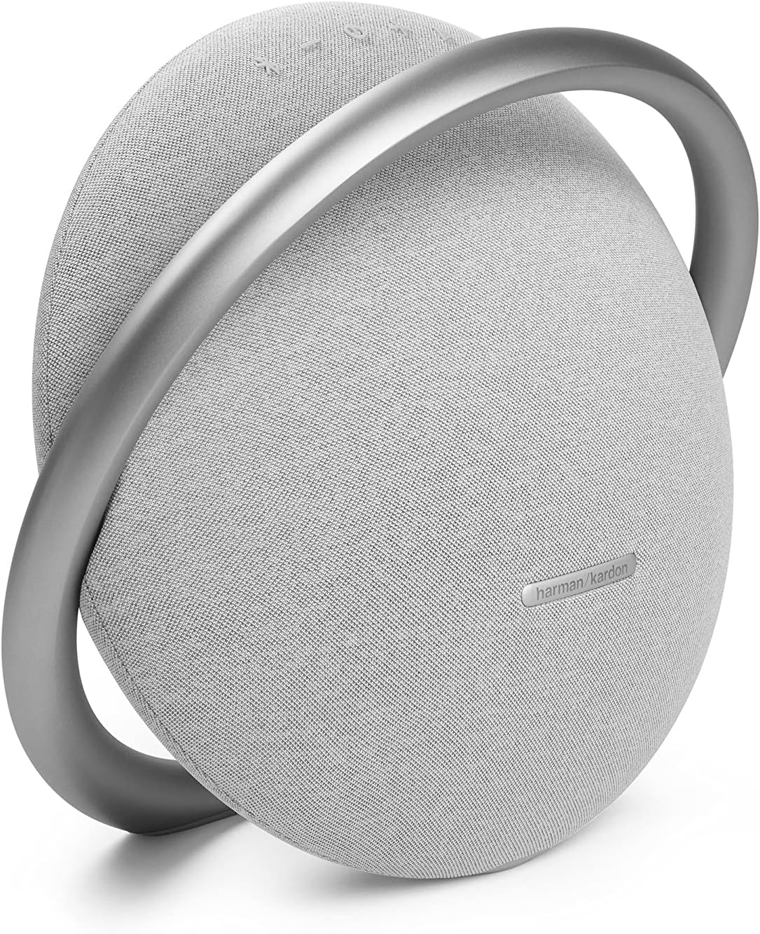 Portable Bluetooth speaker by Harman Kardon in light gray, showing side profile and handle