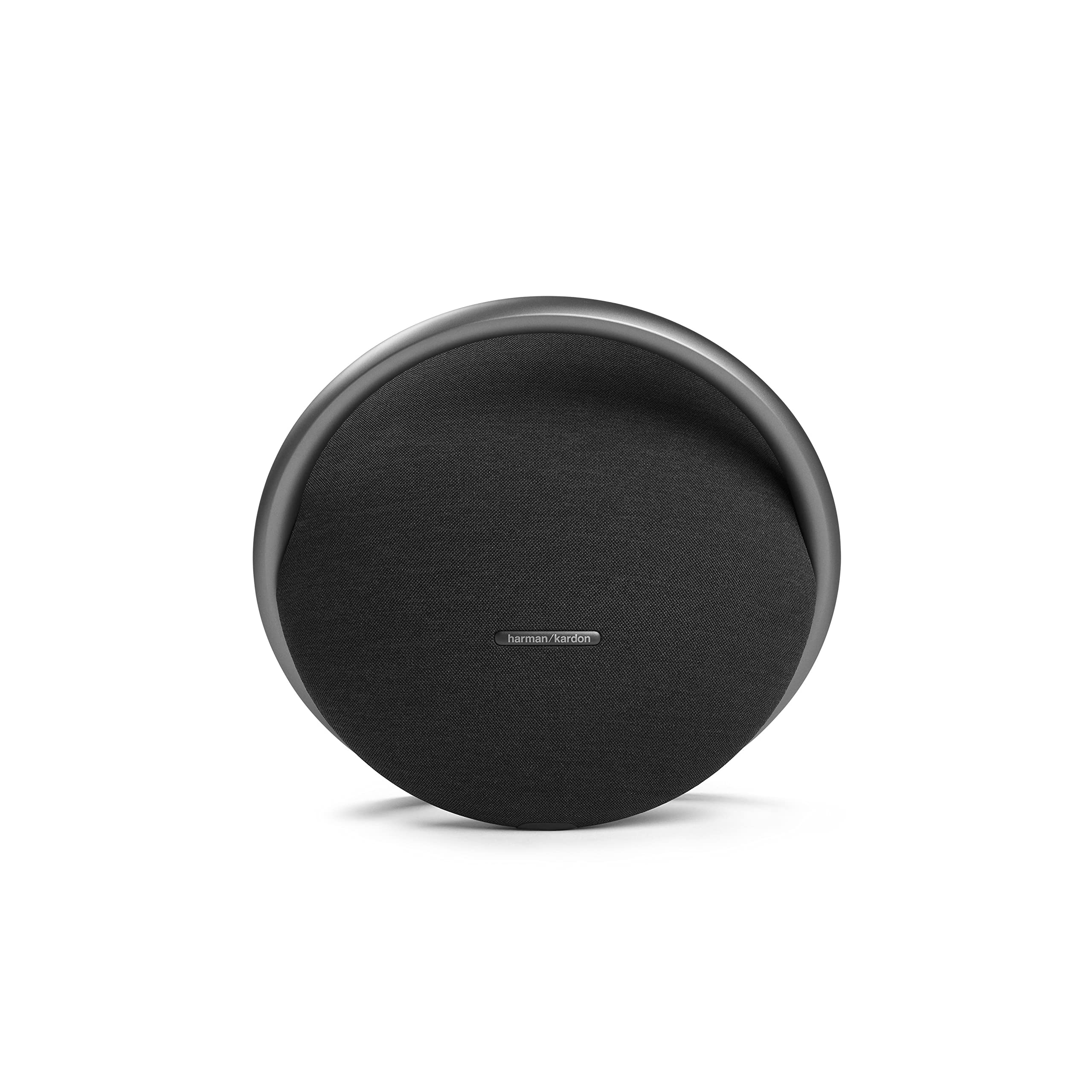 Portable Bluetooth speaker with black fabric grille and silver edge trim