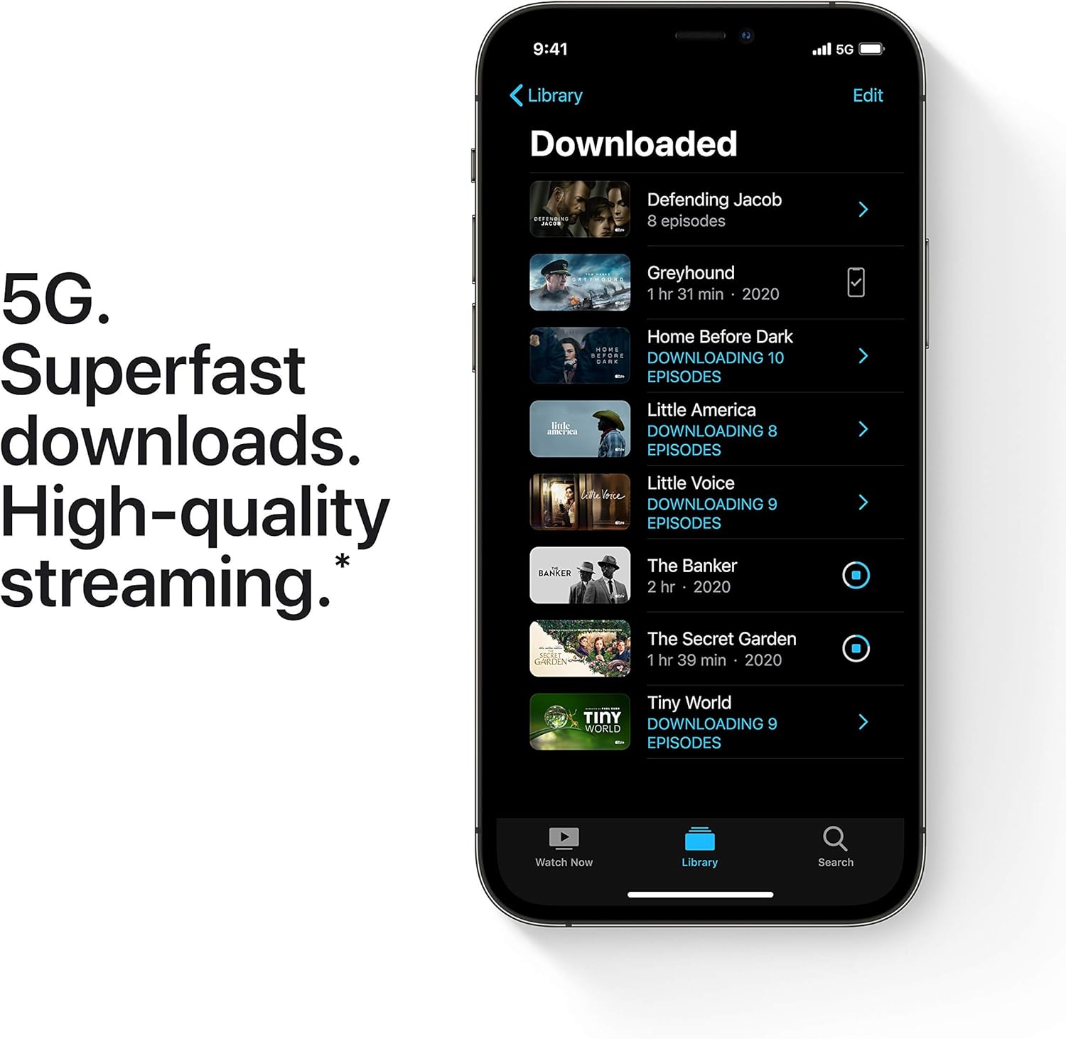 iPhone 12 Pro Max smartphone showing downloaded media library on the display