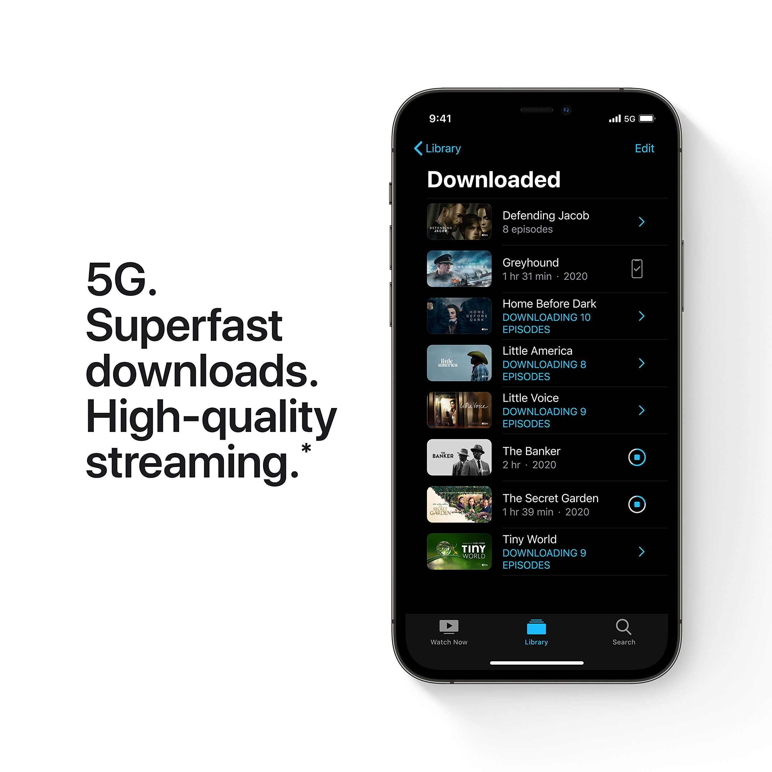 iPhone 12 Pro Max smartphone with a downloaded content library shown on screen