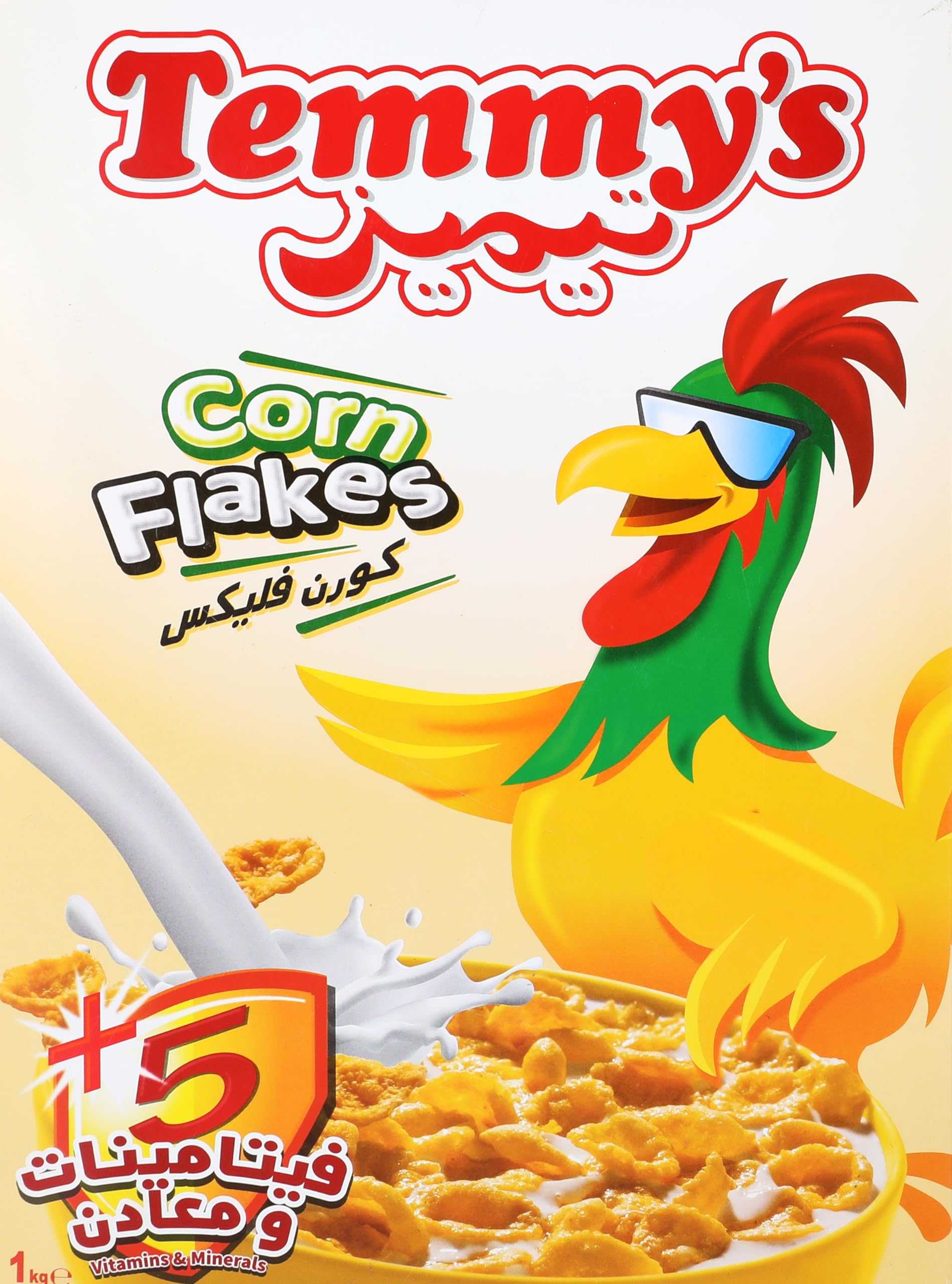 Corn flakes cereal box front with rooster graphic and bowl of corn flakes