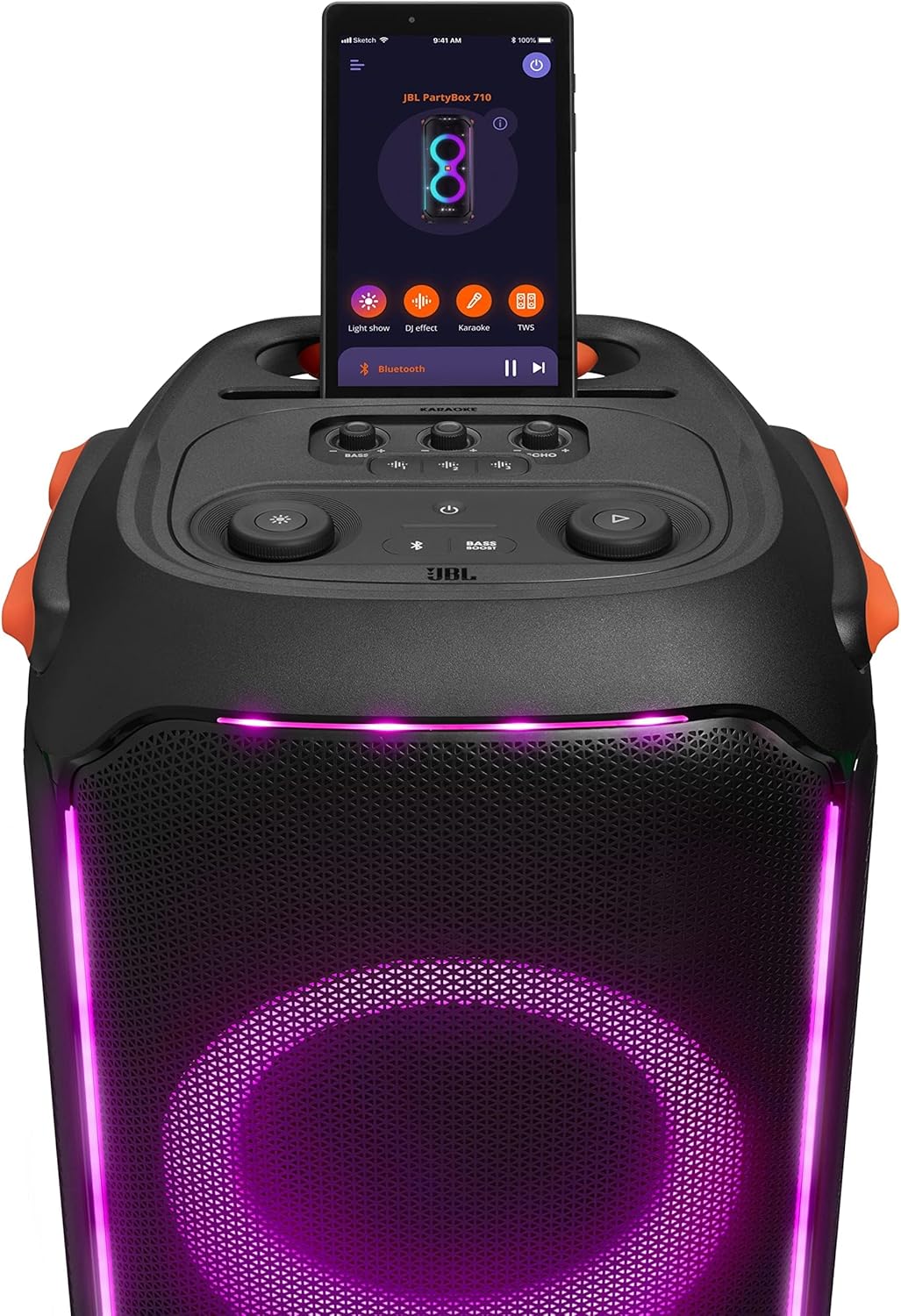 JBL PartyBox speaker front with two purple LED rings and top display