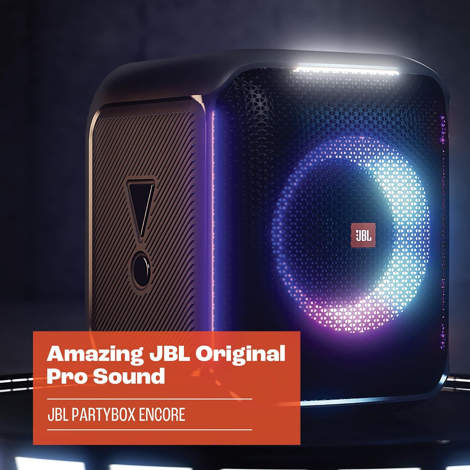 JBL portable Bluetooth speaker with glowing LED ring light and grille side vents