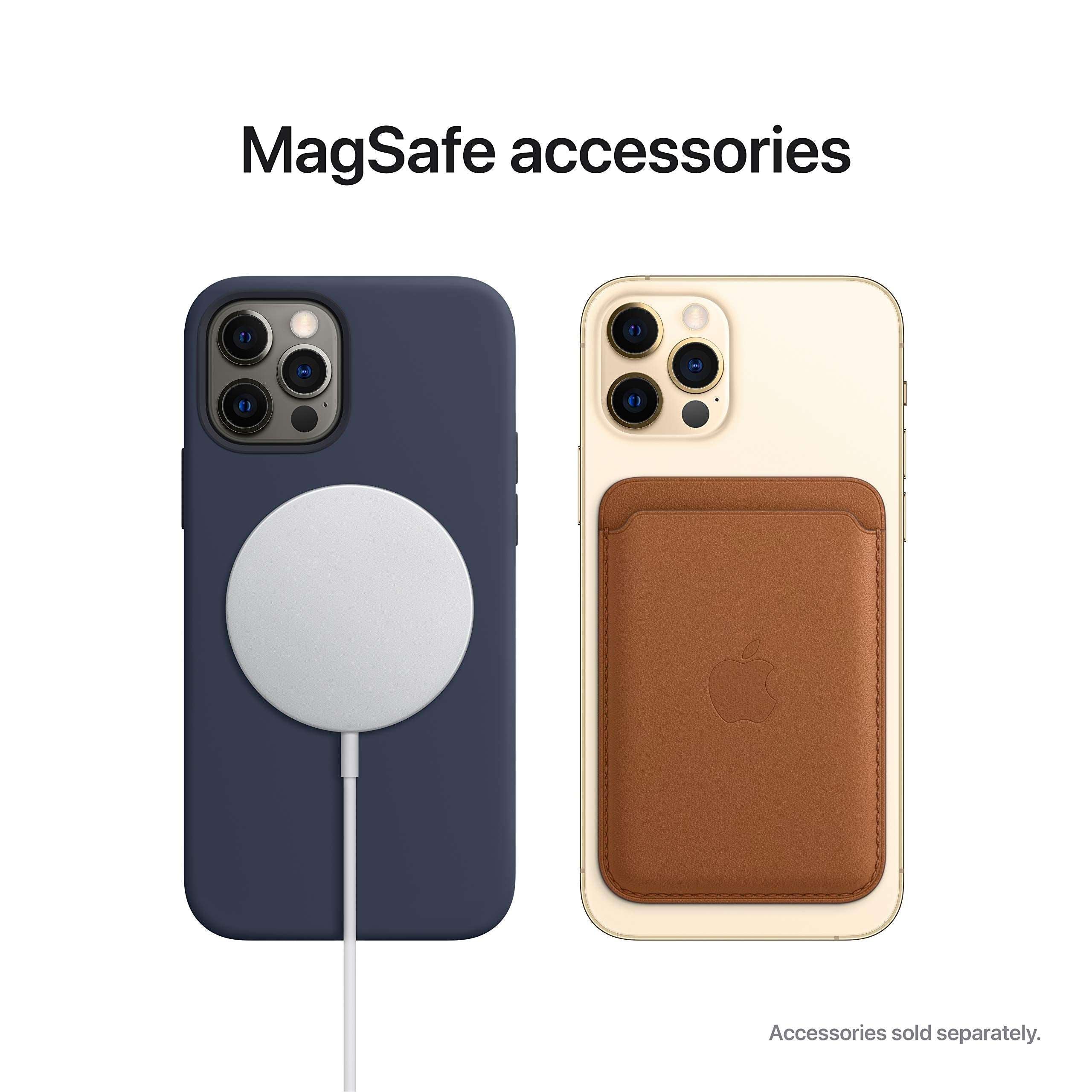 MagSafe accessories set: dark blue iPhone case with MagSafe puck and brown leather card