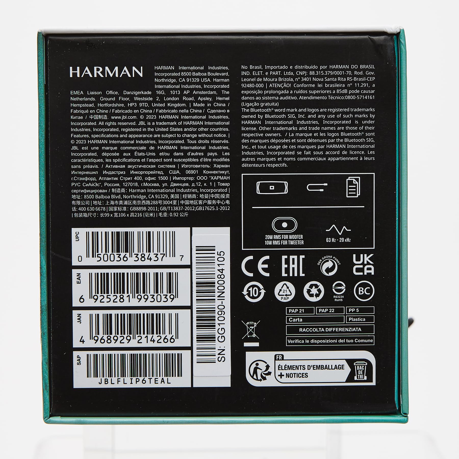 JBL Flip 6 speaker box back panel with labels and certification icons