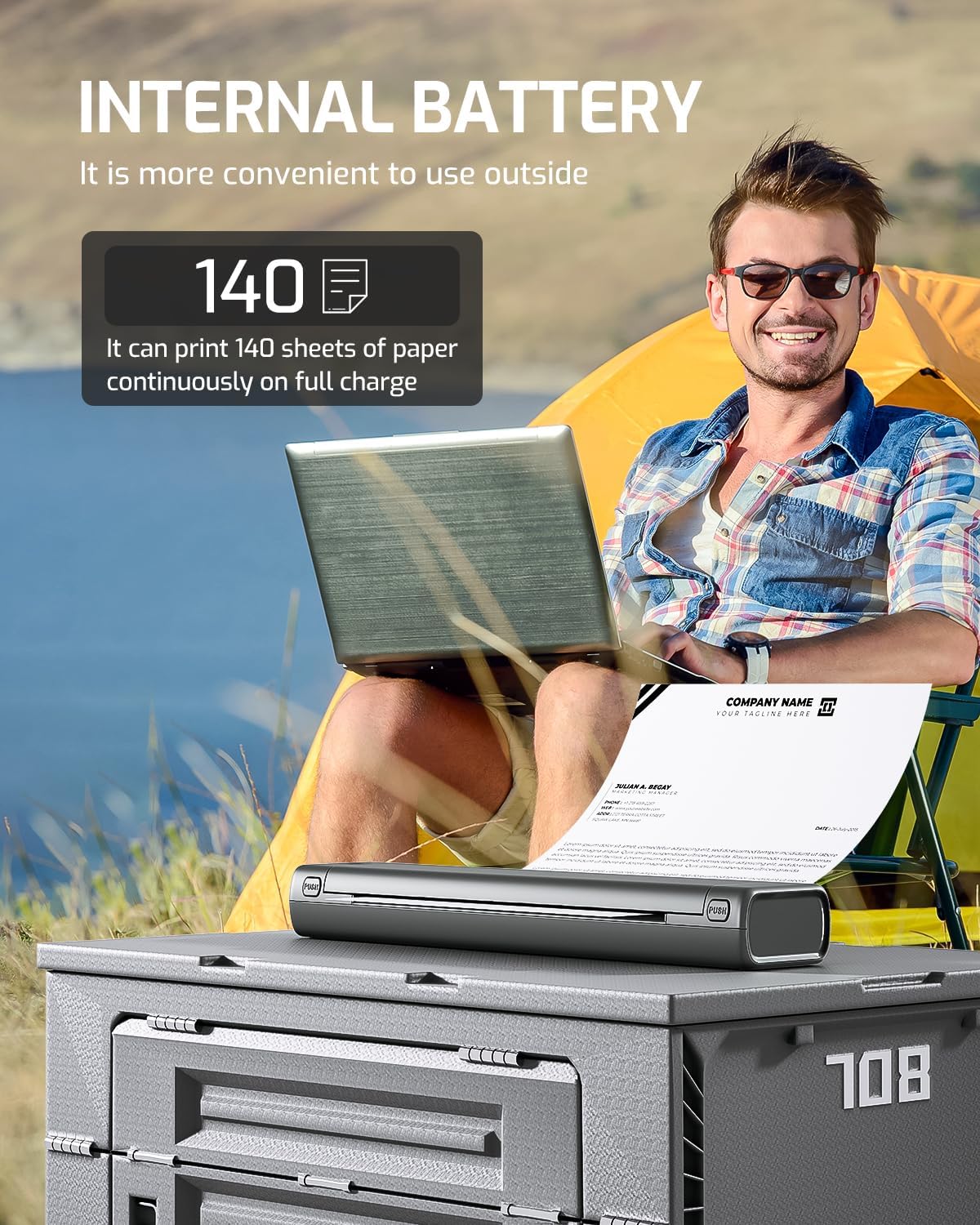 Portable inkless thermal printer with paper feed and internal battery design