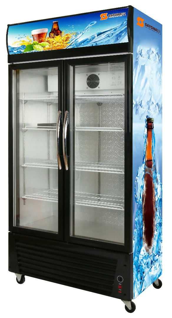 Black two-door showcase chiller with glass doors and interior shelves