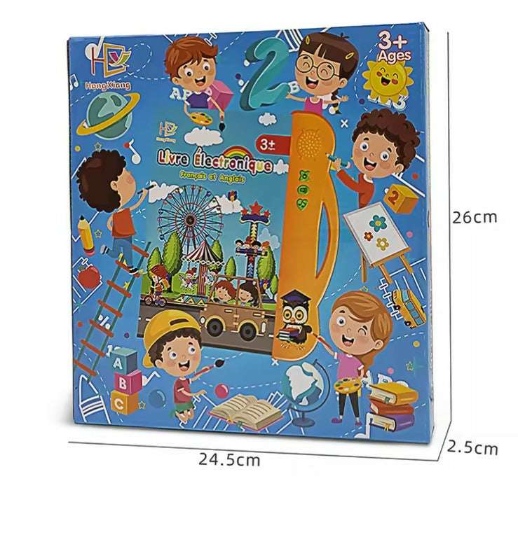 Electronic learning book retail box showing size dimensions 24.5 cm and 26 cm