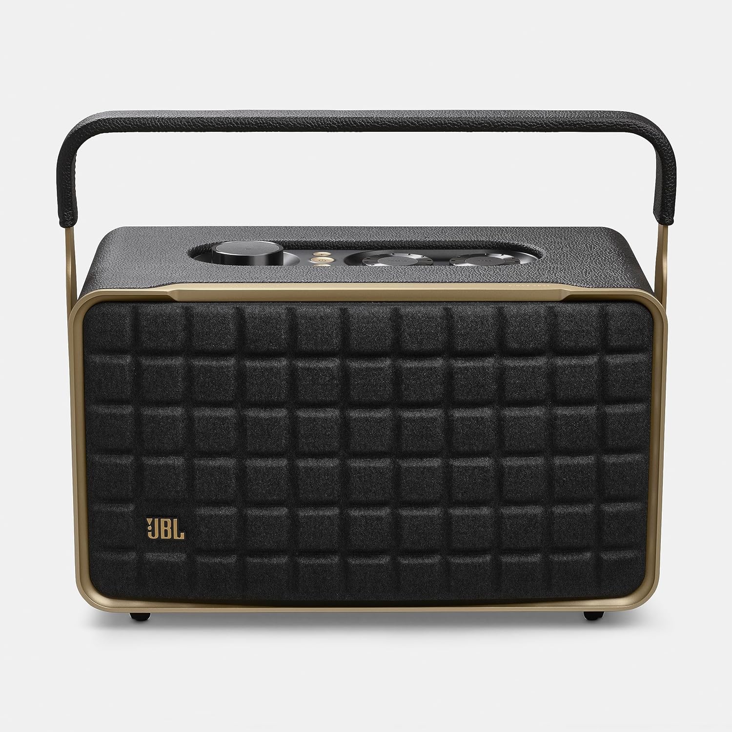 JBL retro smart speaker front with black textured grille and carry handle, gold-trim sides