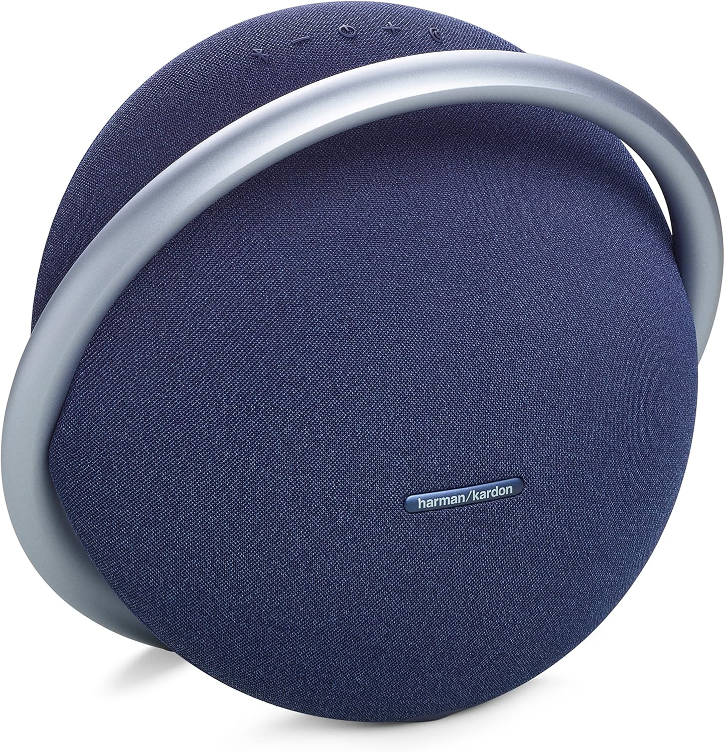 Blue portable Bluetooth speaker with fabric grille, metal ring, harman/kardon logo.