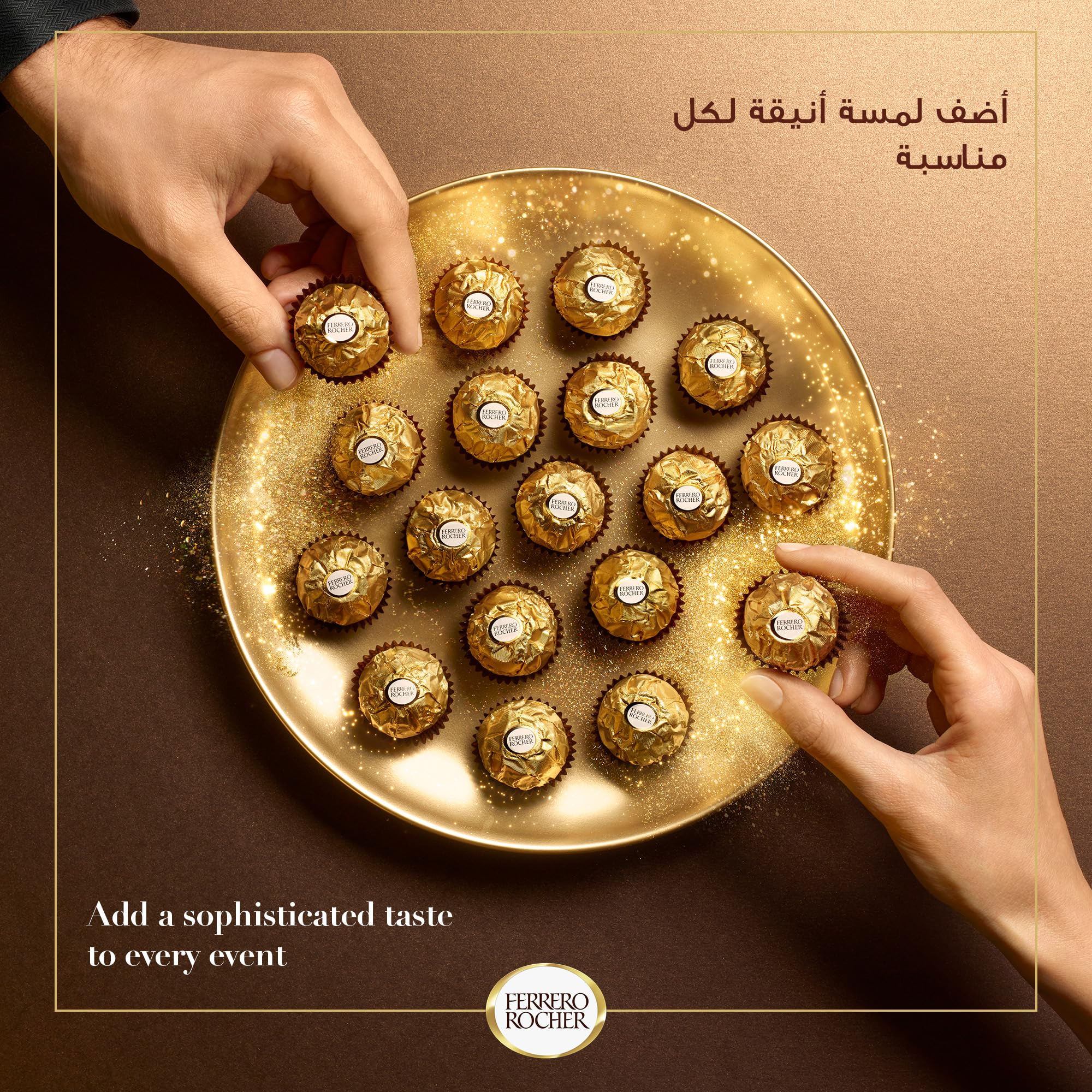 Ferrero Rocher hazelnut chocolate truffles on gold serving plate, hands arranging