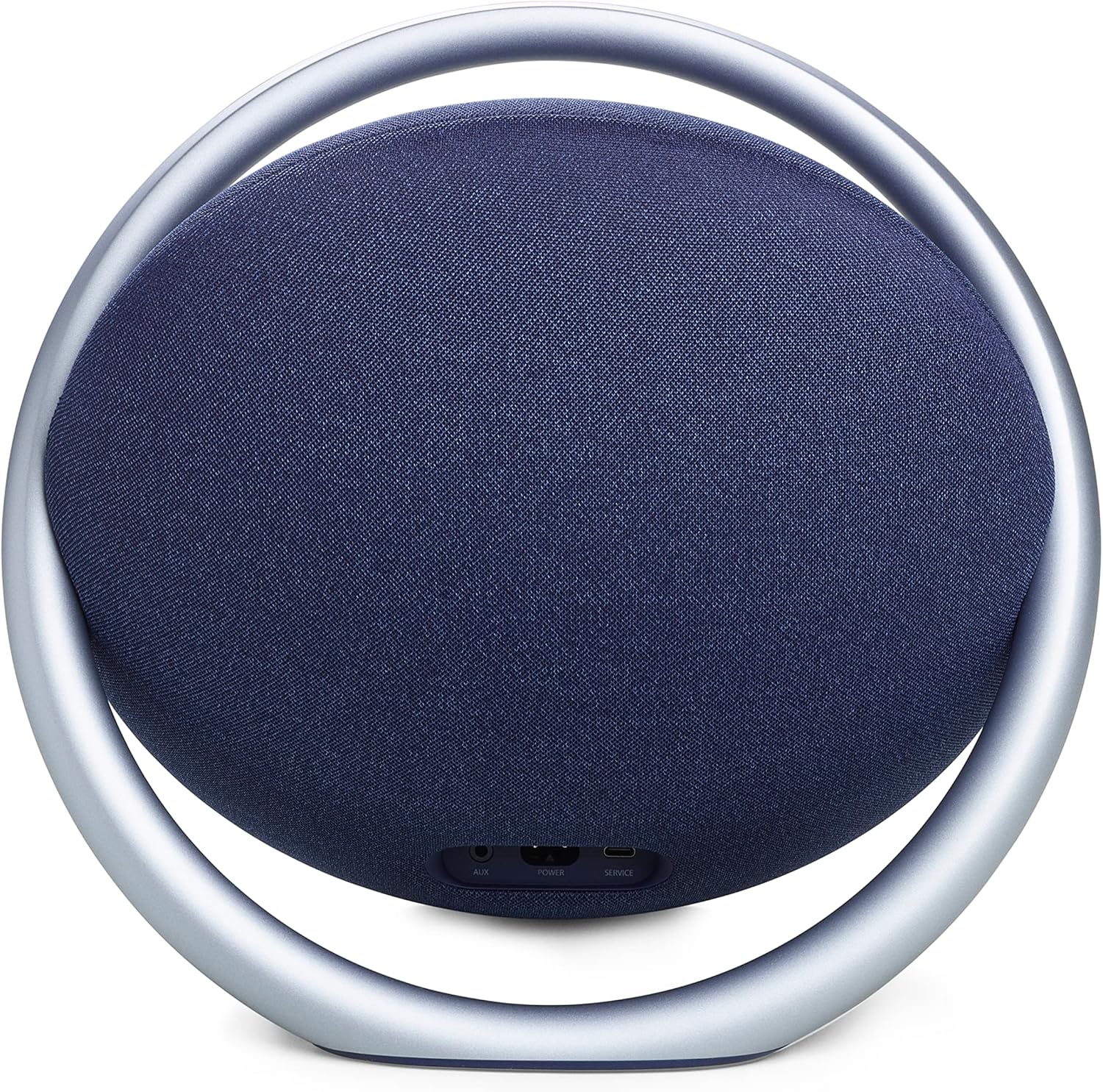 Portable Bluetooth speaker in blue fabric, front view with base control area