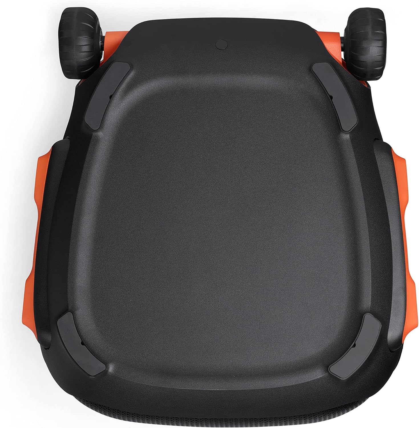Black portable Bluetooth speaker with curved top handle cutouts and orange side accents