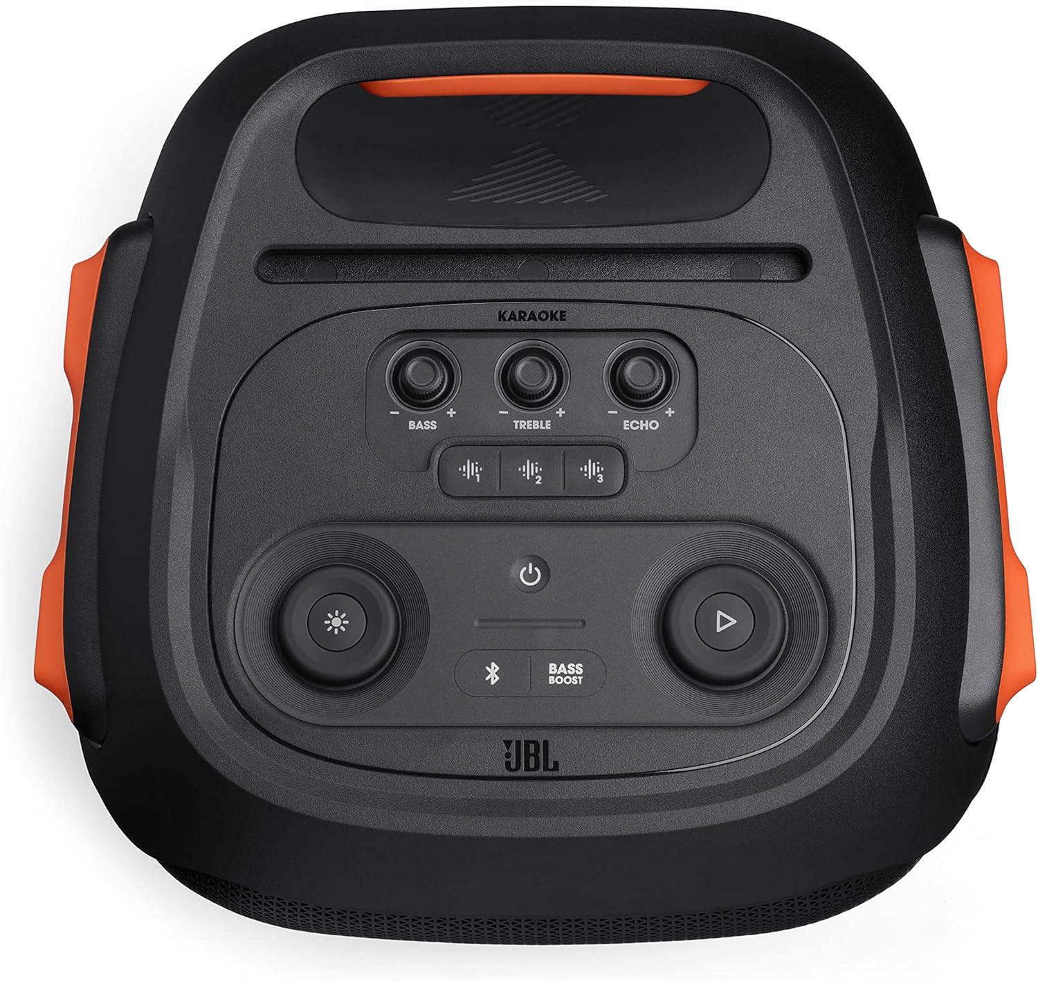 Black JBL portable Bluetooth speaker top panel with karaoke controls and bass/echo knobs