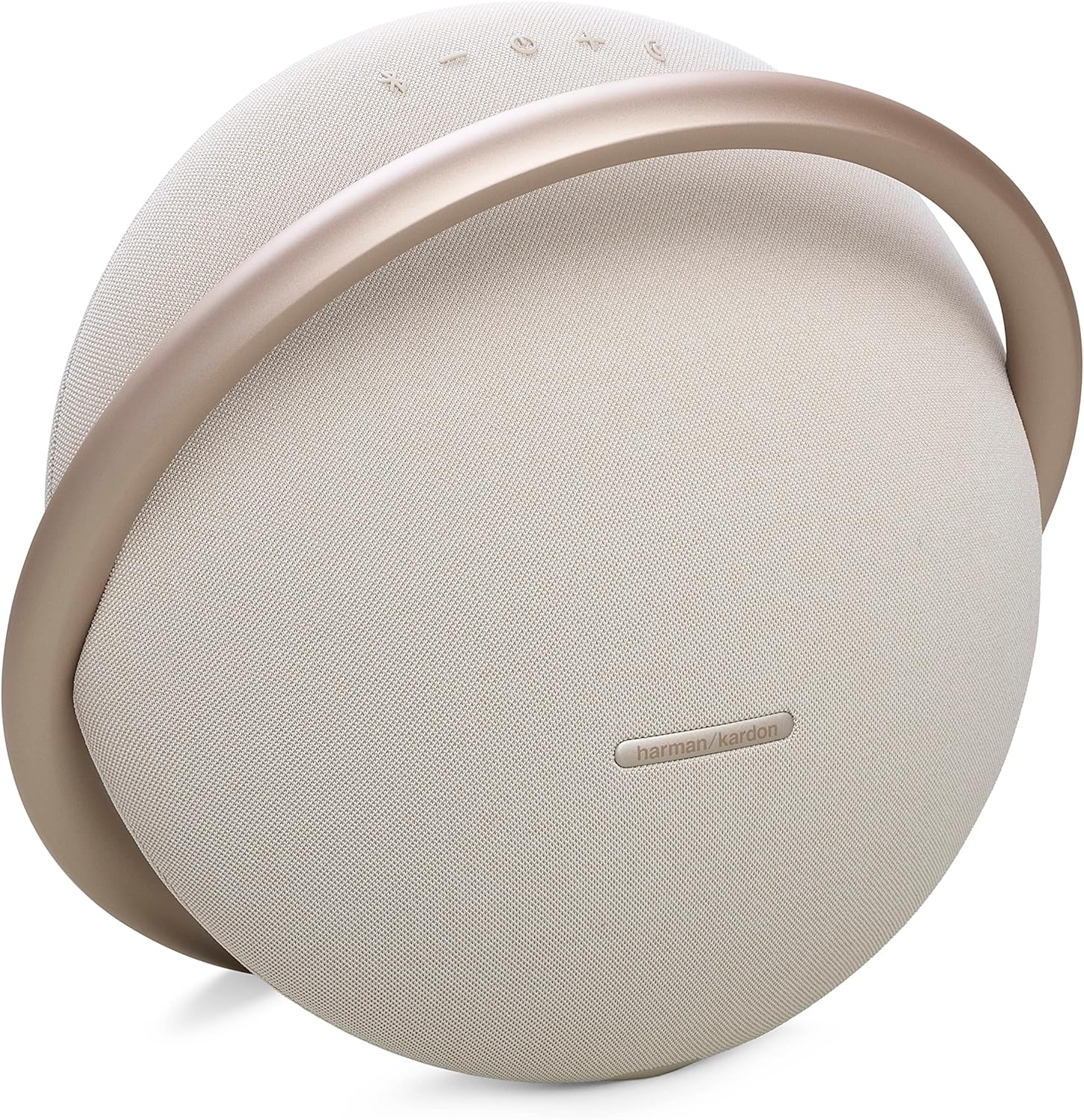Champagne portable Bluetooth speaker with fabric grille, metal ring, harman/kardon logo.