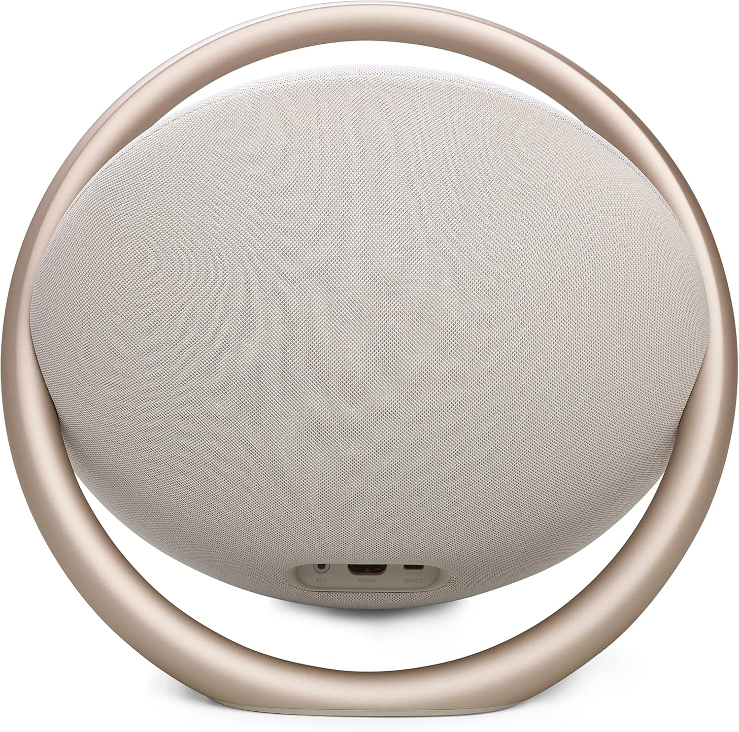 Portable Bluetooth speaker with light champagne fabric front and circular ring frame