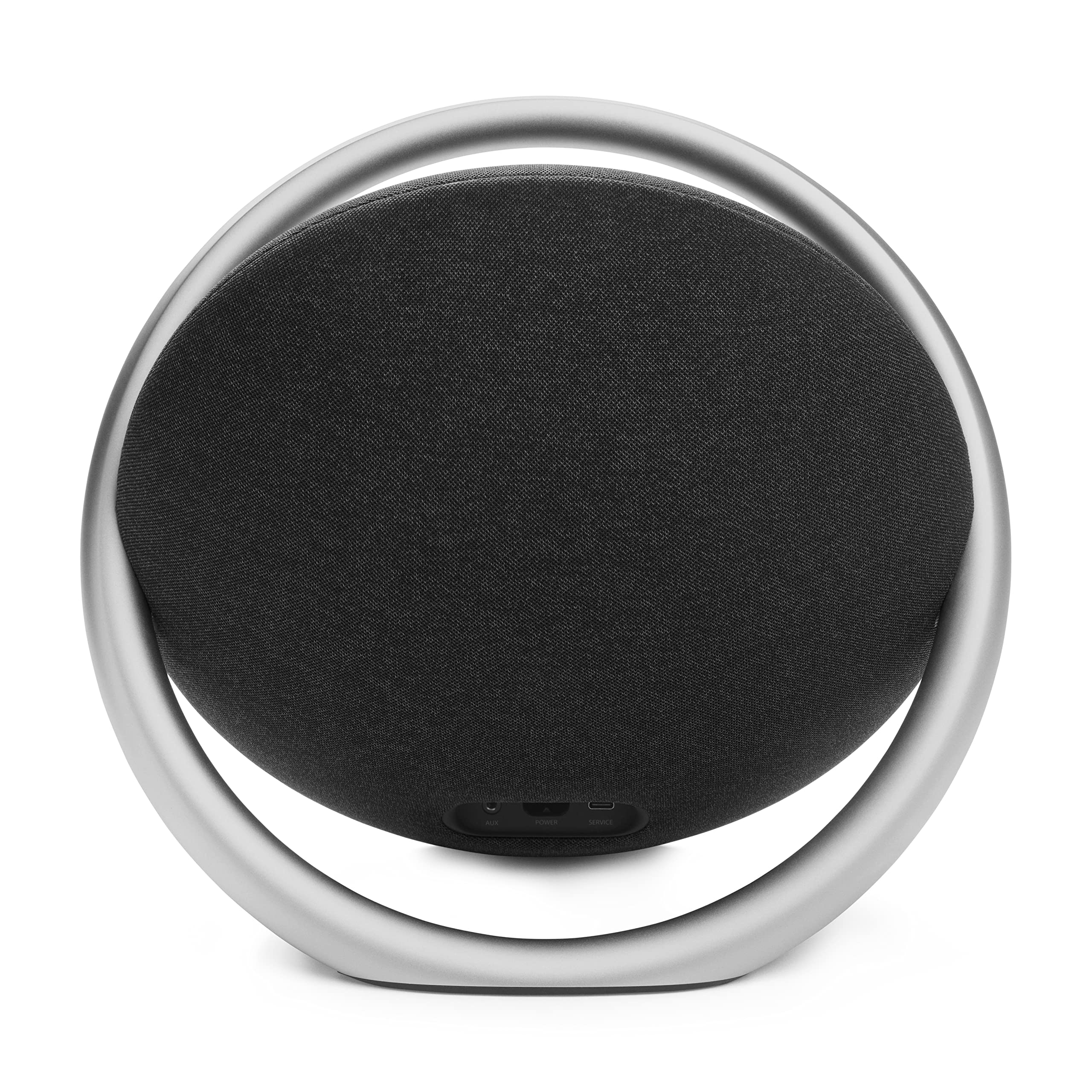 Black portable Bluetooth speaker base with ports and buttons under a protective cover.