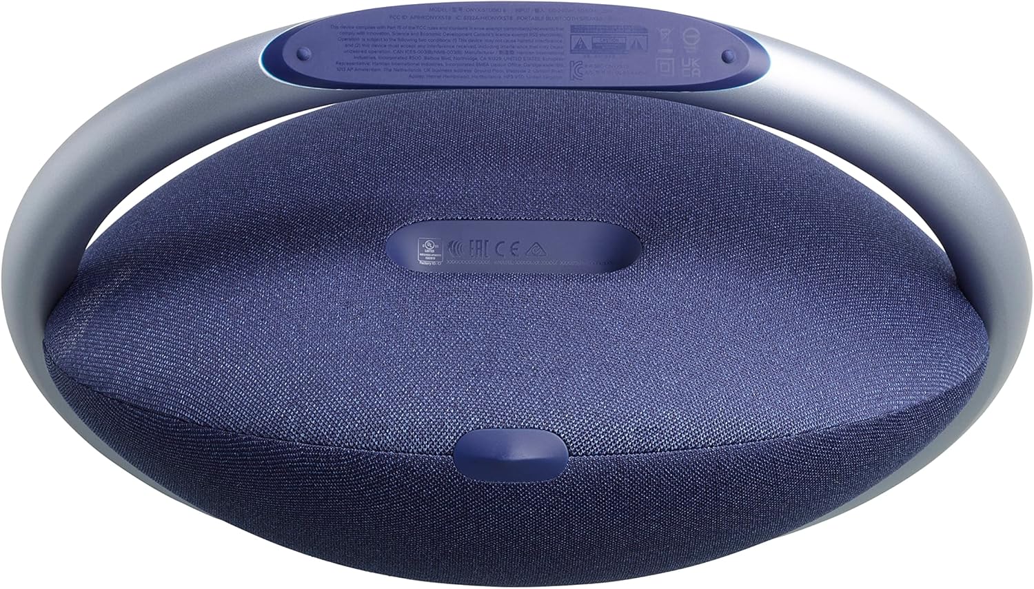 Portable Bluetooth speaker in blue fabric, back view with button panel