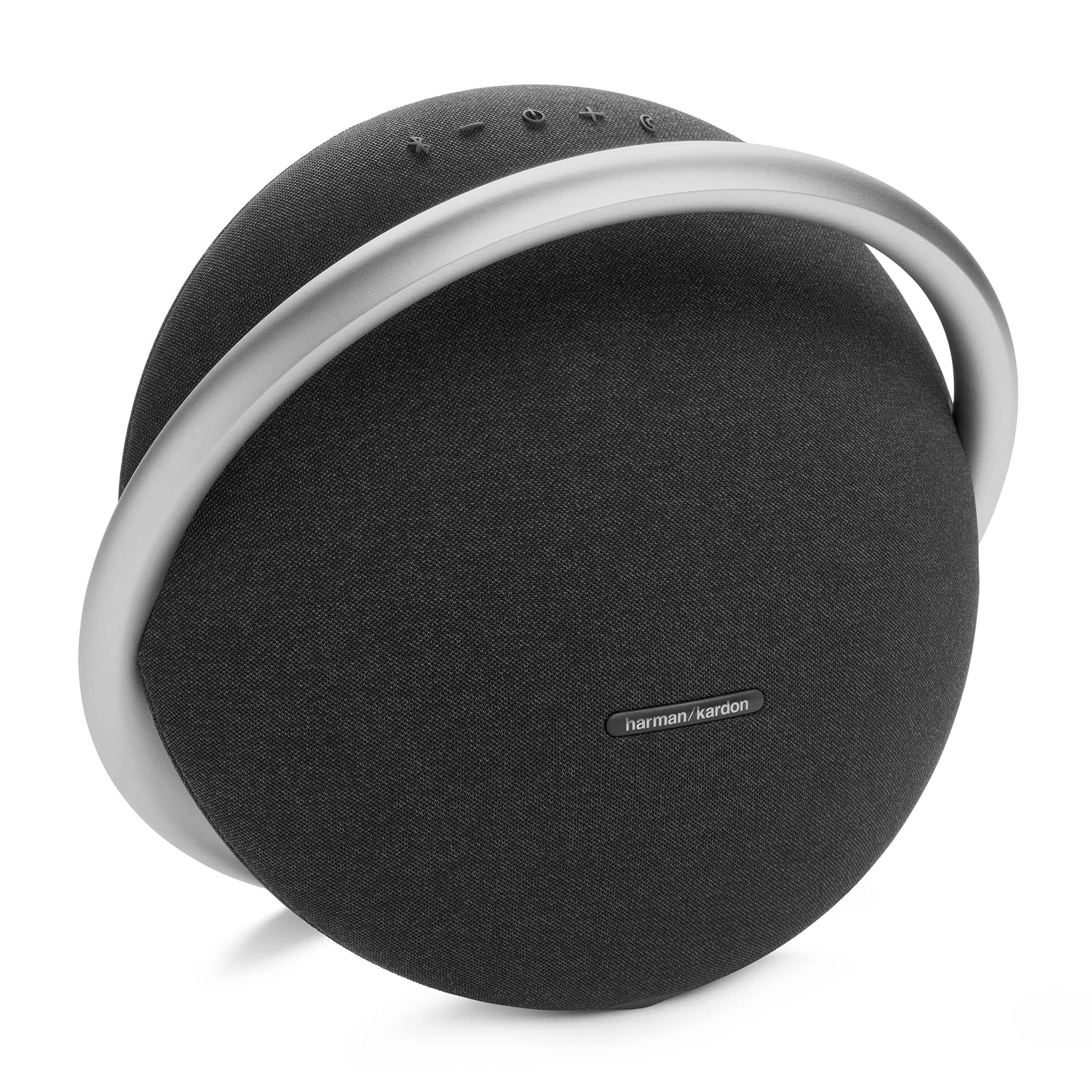 Black portable Bluetooth speaker with fabric grille, metal ring, harman/kardon logo.